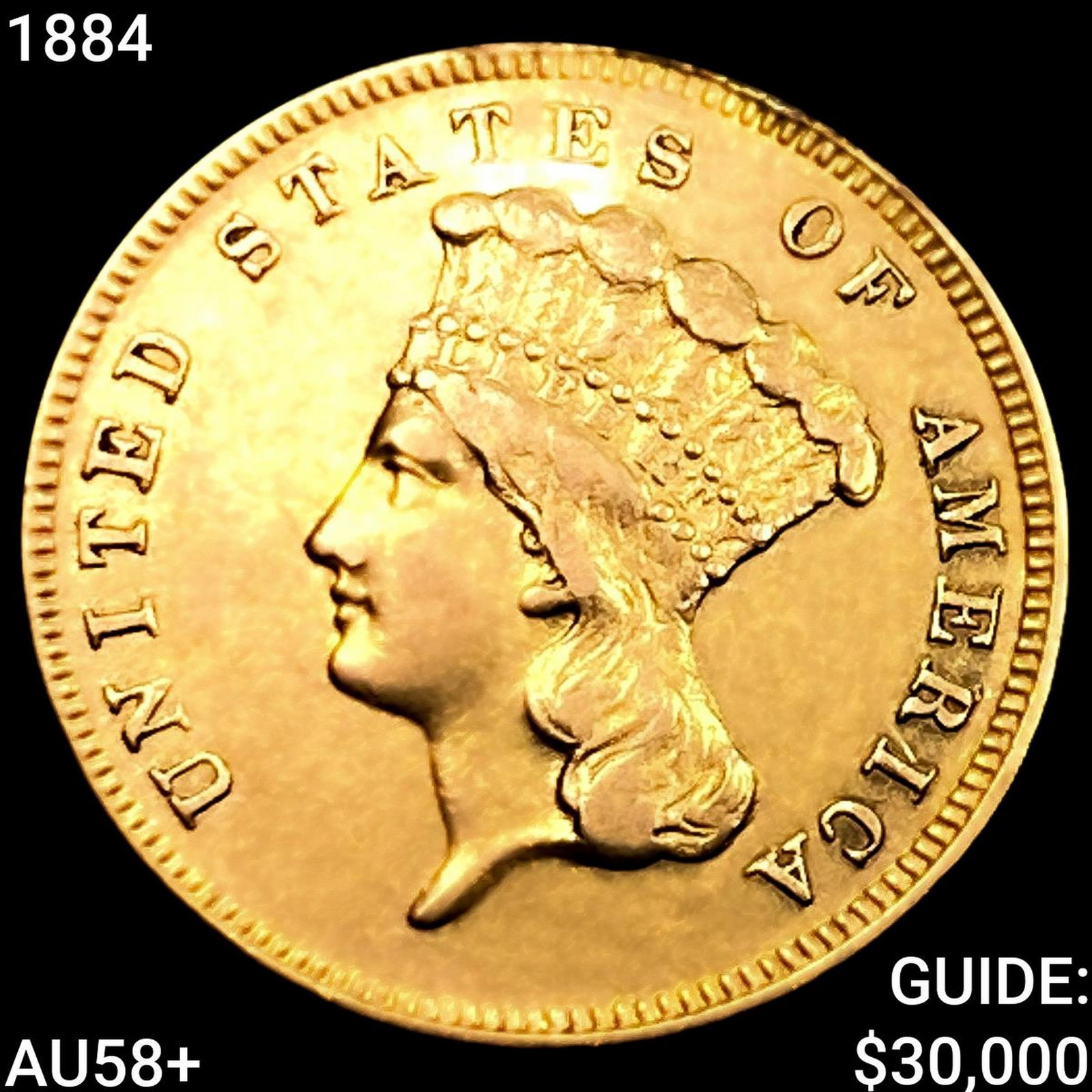 1884 $3 Gold Piece CHOICE AU+: 1884 $3 Gold Piece CHOICE AU+