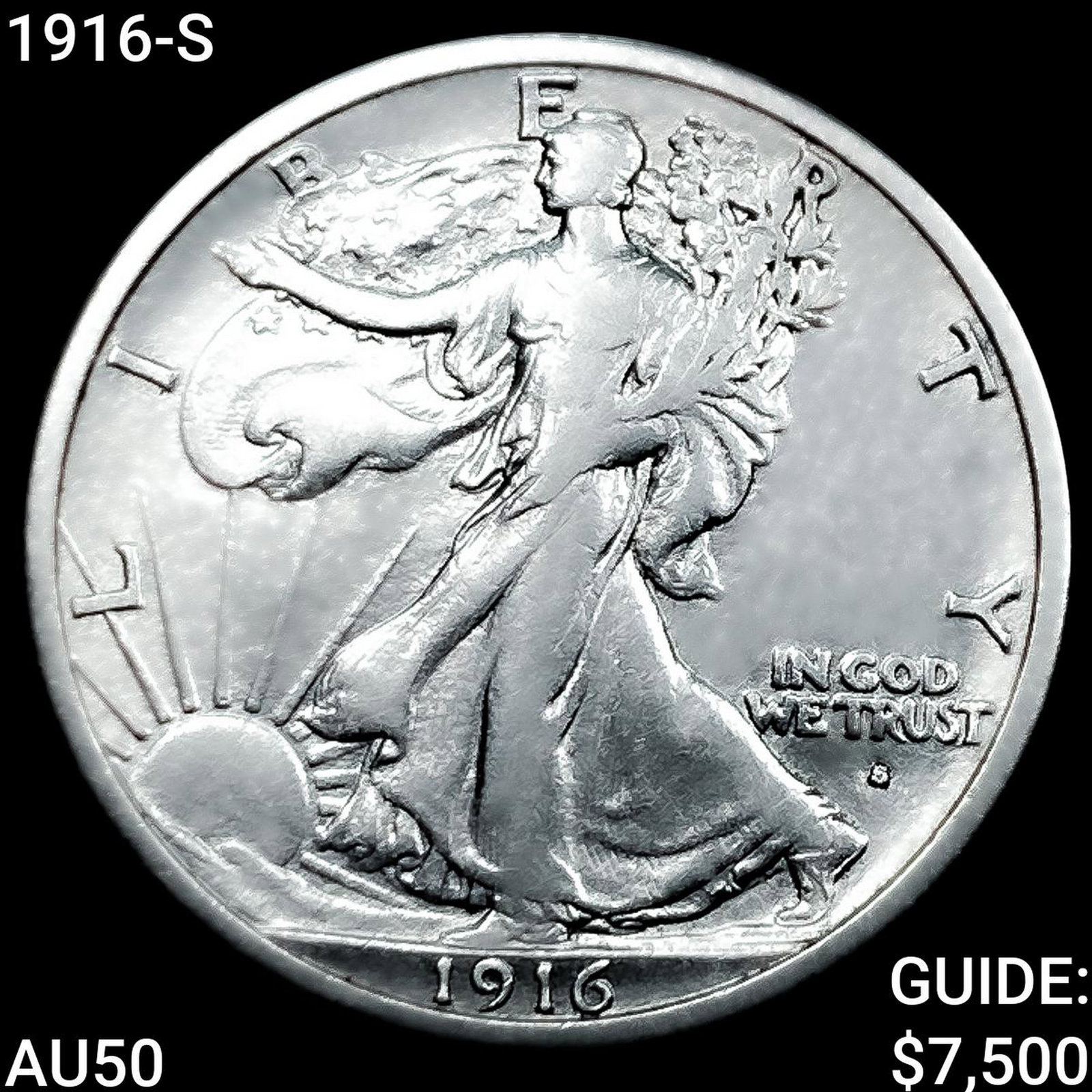 1916-S Walking Liberty Half Dollar CLOSELY UNCIRCULATED: 1916-S Walking Liberty Half Dollar CLOSELY UNCIRCULATED