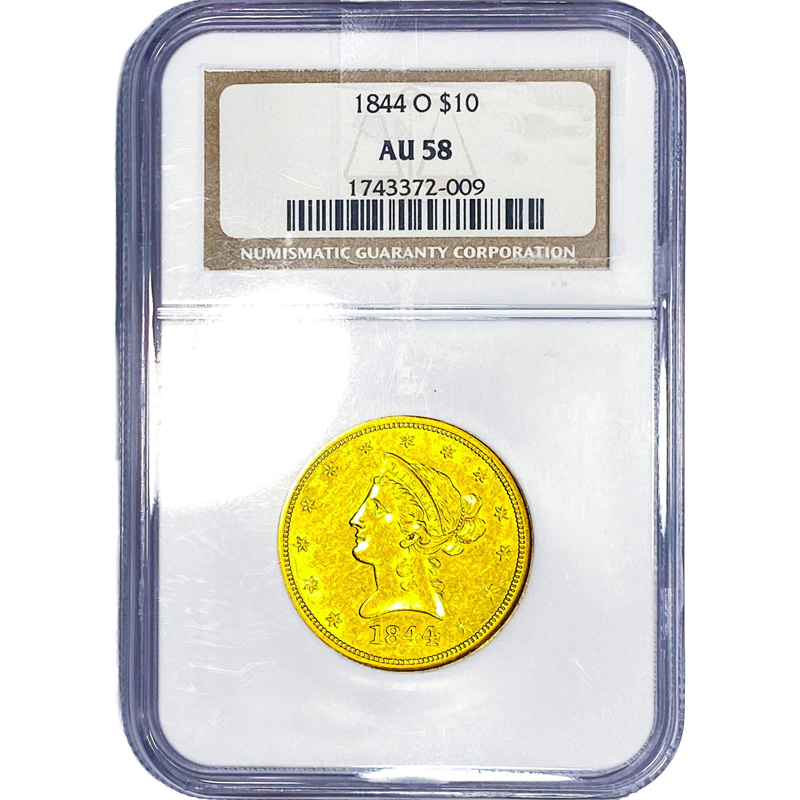 1844-O $10 Gold Eagle NGC AU58: 1844-O $10 Gold Eagle NGC AU58