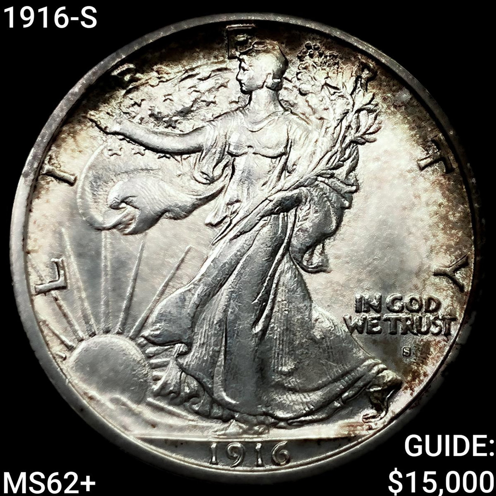 1916-S Walking Liberty Half Dollar UNCIRCULATED +: 1916-S Walking Liberty Half Dollar UNCIRCULATED +