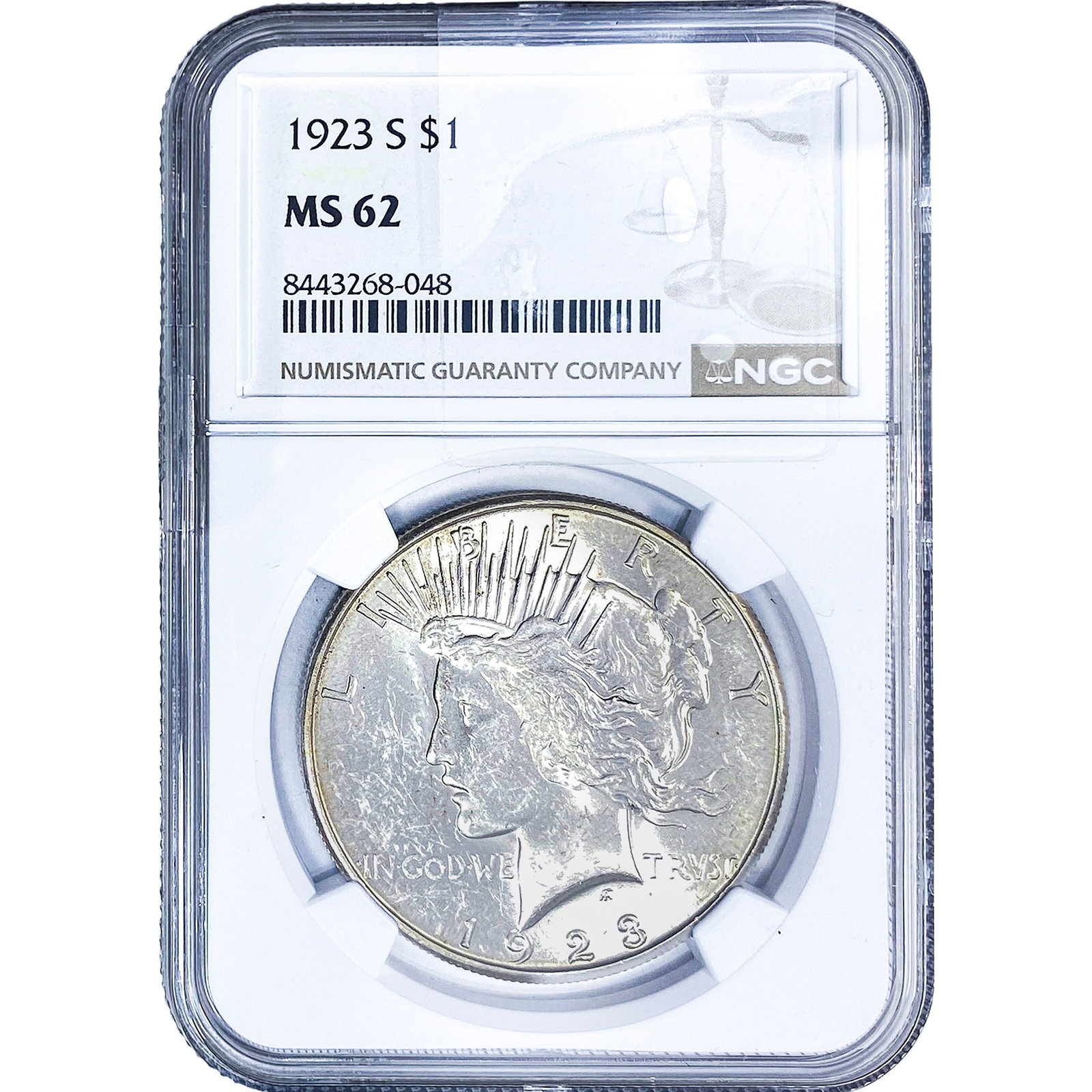 1923-S Silver Peace Dollar NGC MS62: 1923-S Silver Peace Dollar NGC MS62