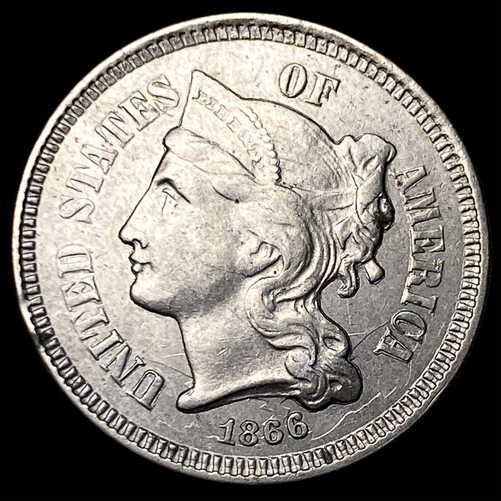 1866 Nickel Three-Cent Piece CLOSELY UNCIRCULATED: 1866 Nickel Three-Cent Piece CLOSELY UNCIRCULATED