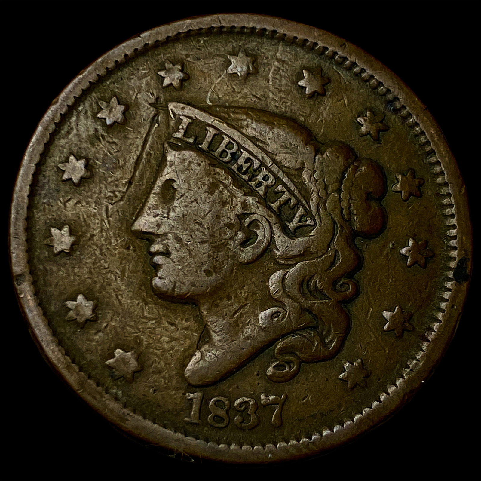 1837 Coronet Head Large Cent NICELY CIRCULATED: 1837 Coronet Head Large Cent NICELY CIRCULATED