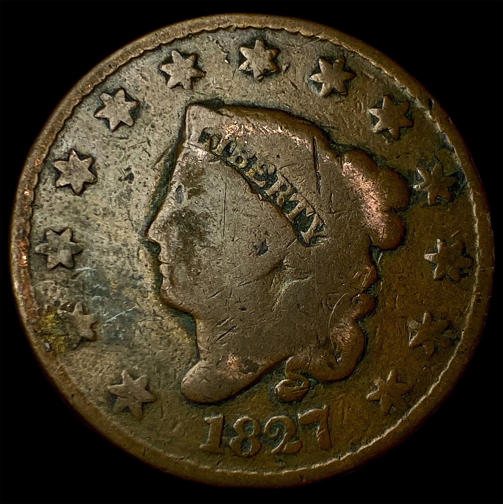 1827 Coronet Head Large Cent NICELY CIRCULATED: 1827 Coronet Head Large Cent NICELY CIRCULATED