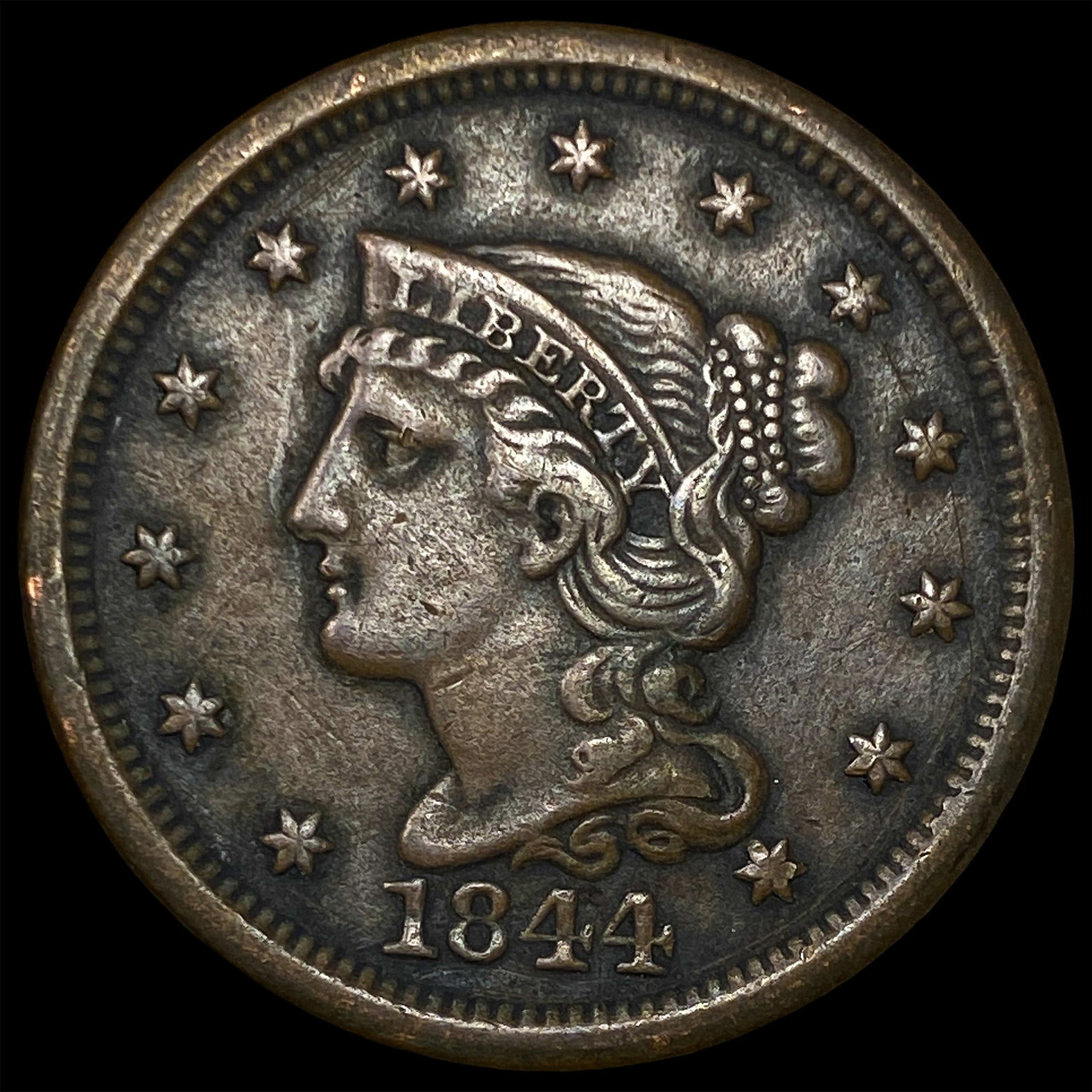 1844 Braided Hair Large Cent LIGHTLY CIRCULATED: 1844 Braided Hair Large Cent LIGHTLY CIRCULATED