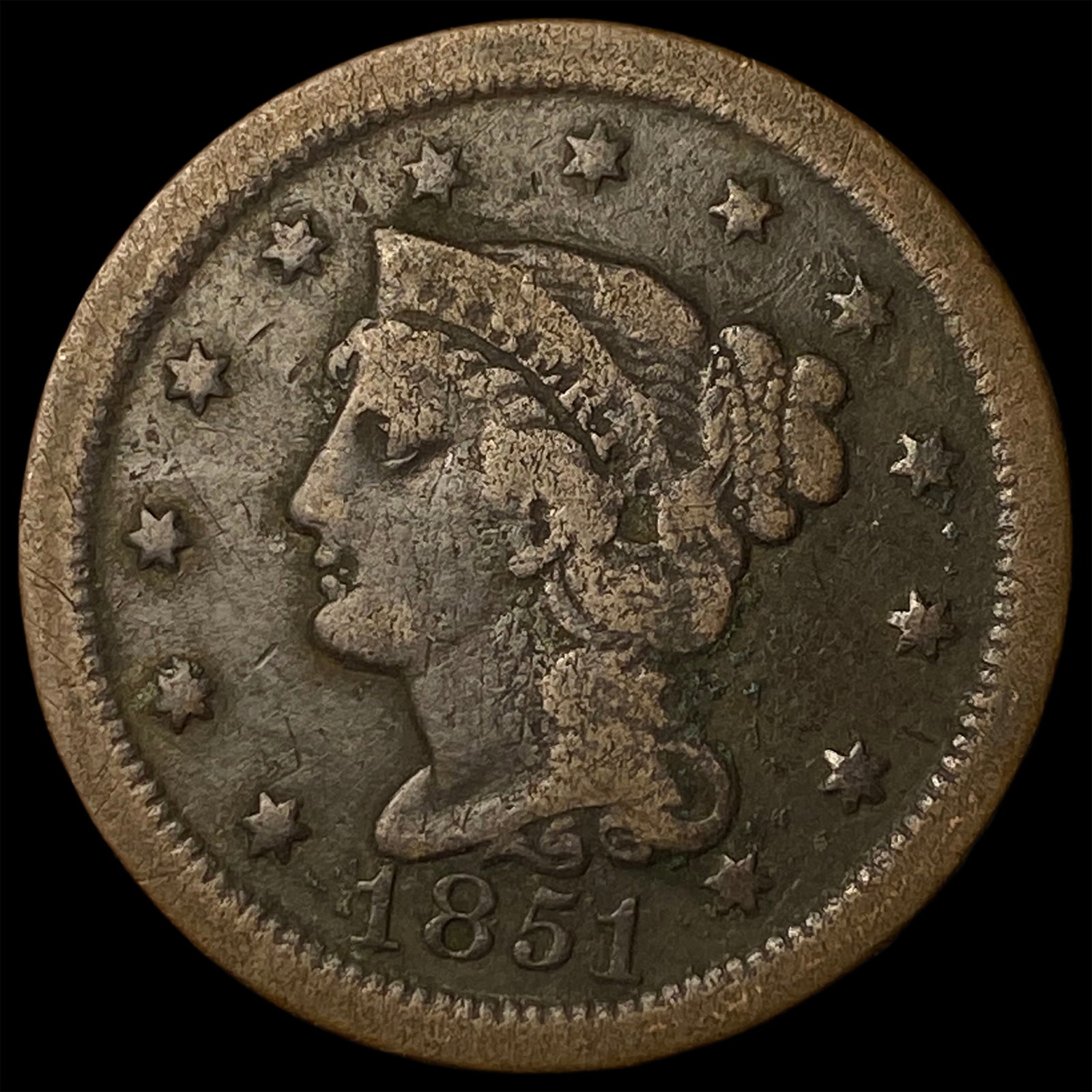1851 Braided Hair Large Cent LIGHTLY CIRCULATED: 1851 Braided Hair Large Cent LIGHTLY CIRCULATED
