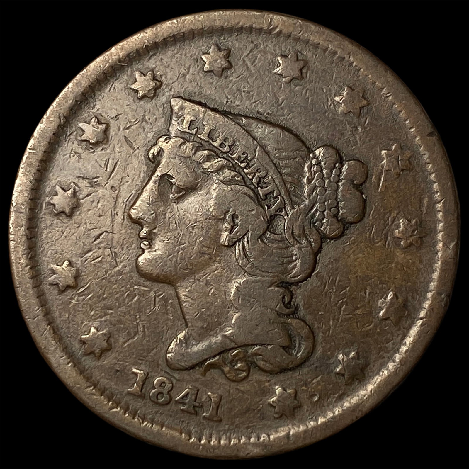 1841 Braided Hair Large Cent NICELY CIRCULATED: 1841 Braided Hair Large Cent NICELY CIRCULATED