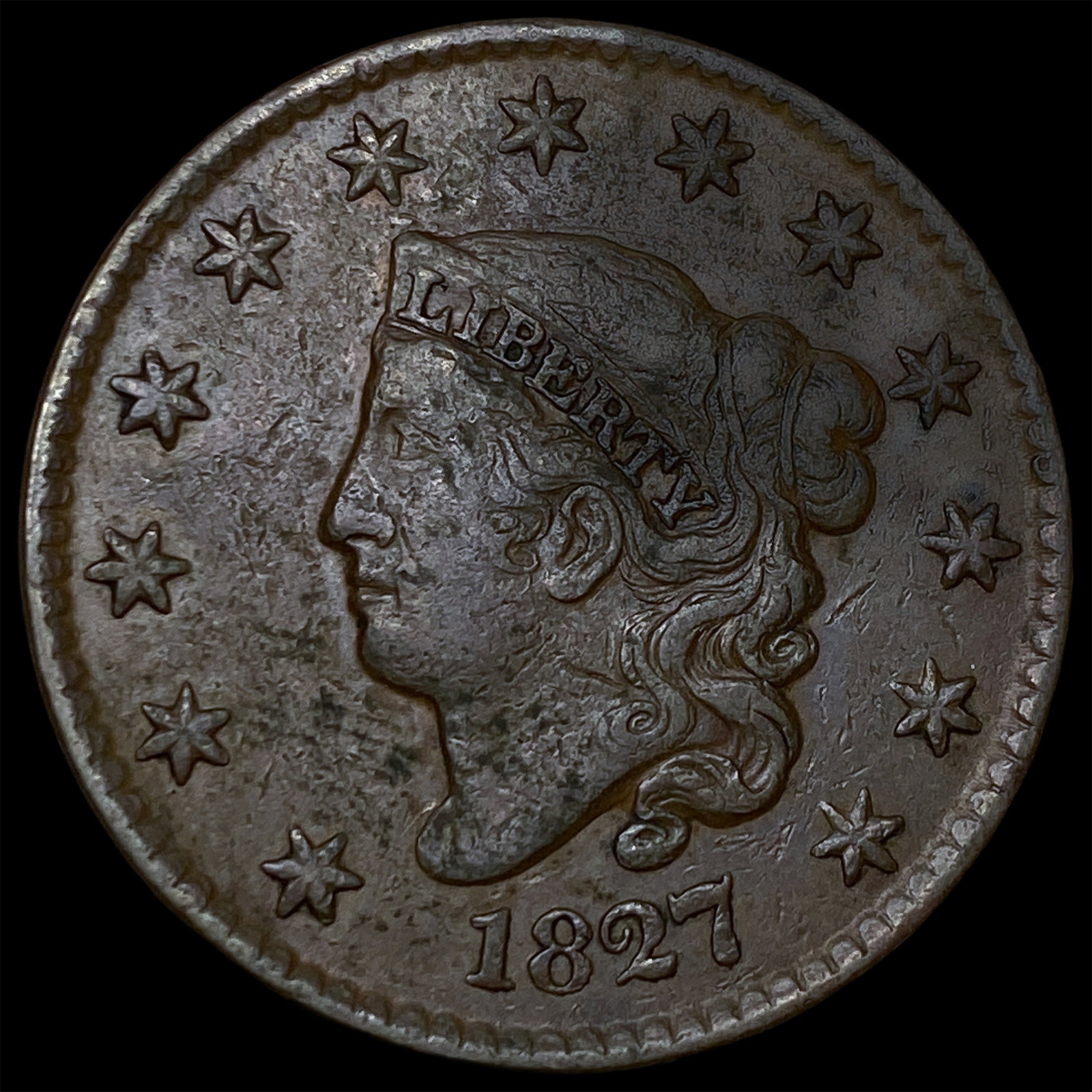1827 Coronet Head Large Cent CLOSELY UNCIRCULATED: 1827 Coronet Head Large Cent CLOSELY UNCIRCULATED