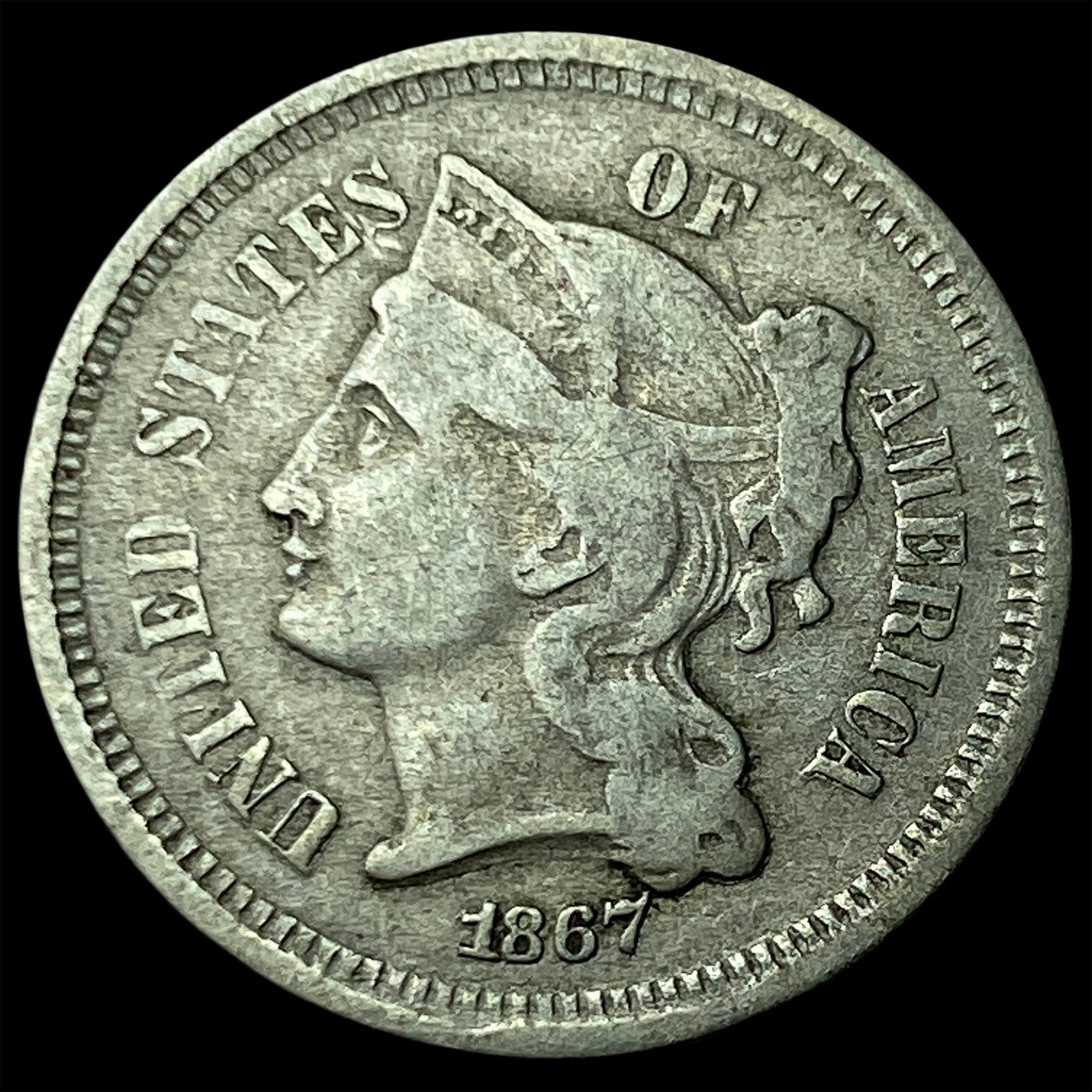 1867 Nickel Three-Cent Piece LIGHTLY CIRCULATED: 1867 Nickel Three-Cent Piece LIGHTLY CIRCULATED