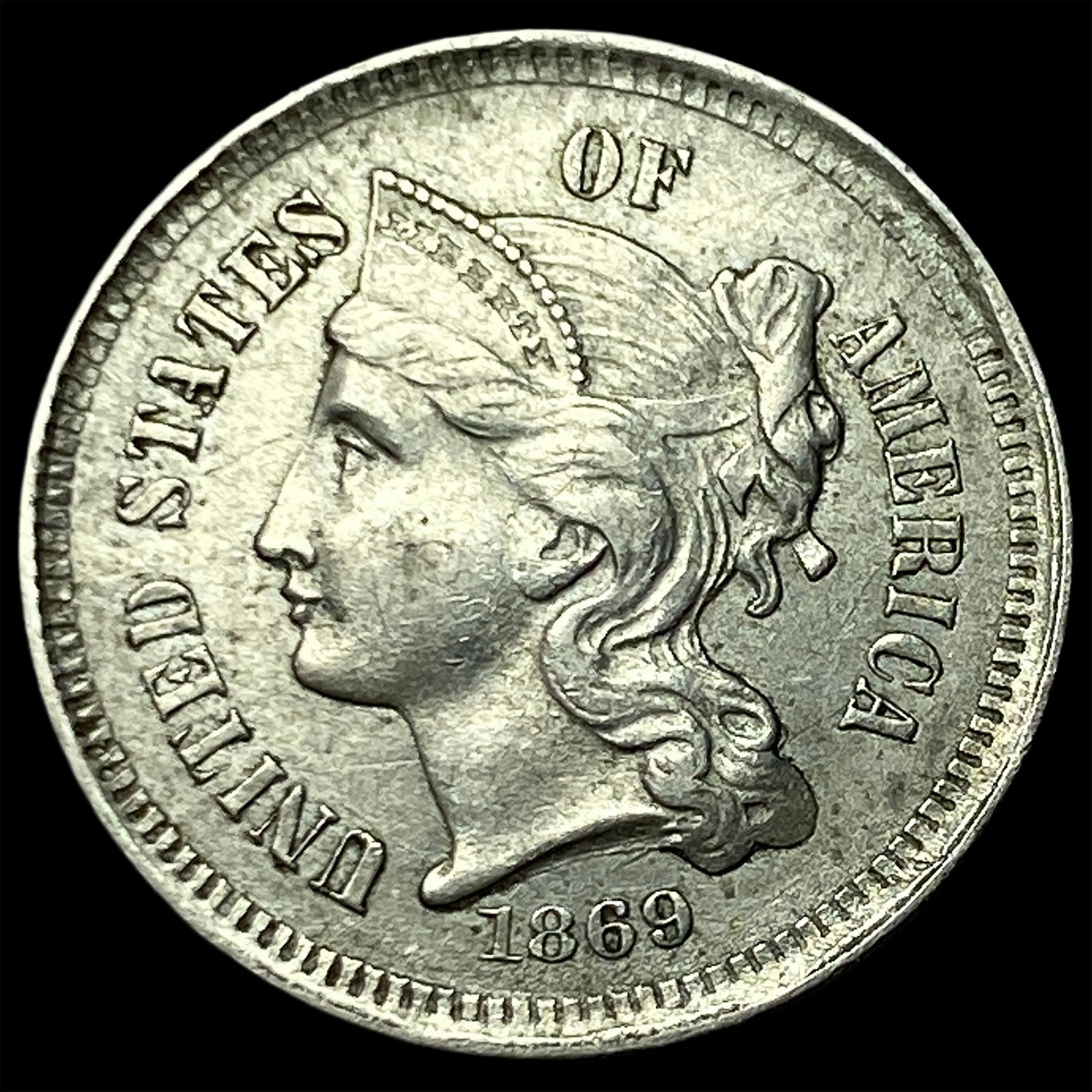 1869 Nickel Three-Cent Piece CLOSELY UNCIRCULATED: 1869 Nickel Three-Cent Piece CLOSELY UNCIRCULATED