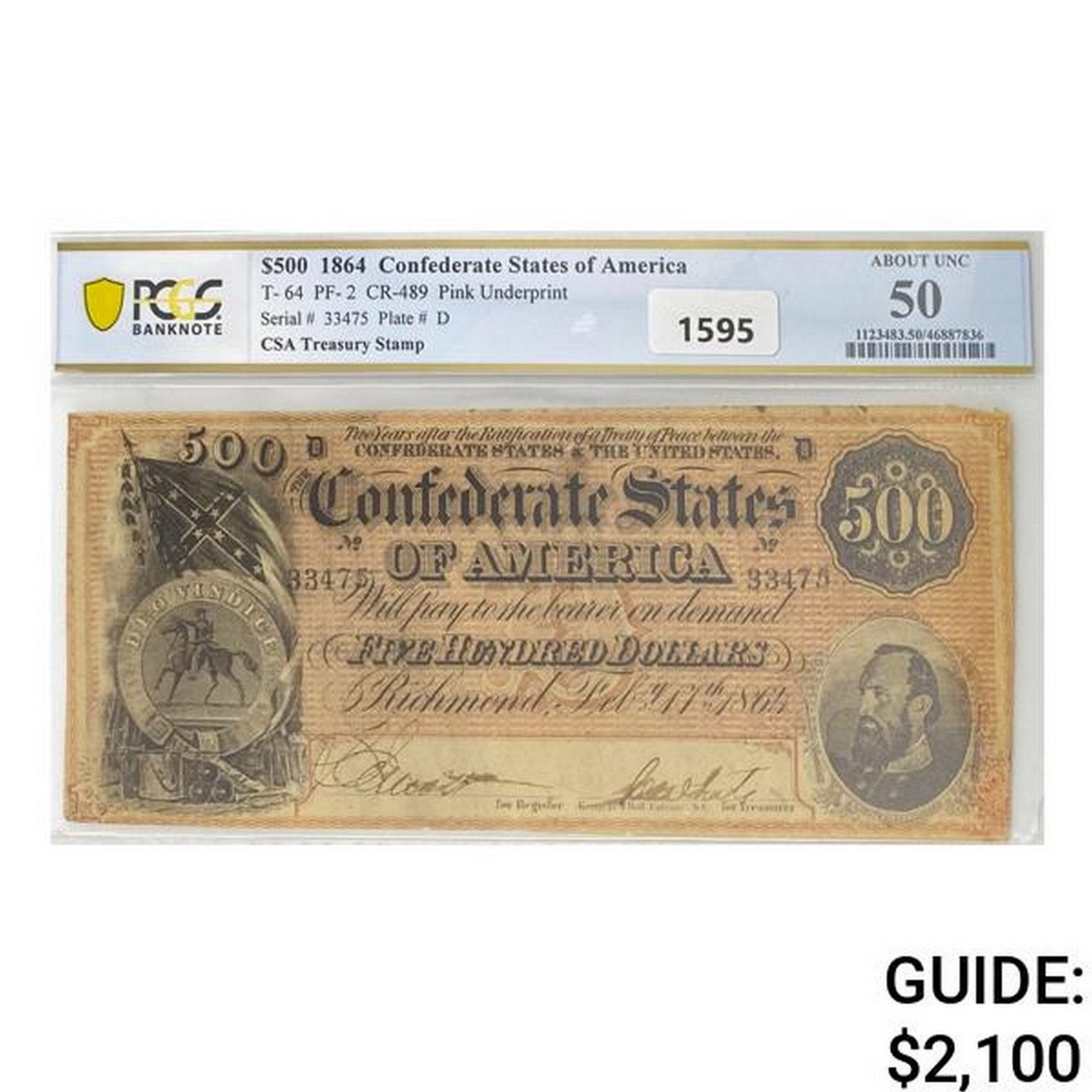 1864 $500 Confed. States of America PCGS UNC 50: 1864 $500 Confed. States of America PCGS UNC 50