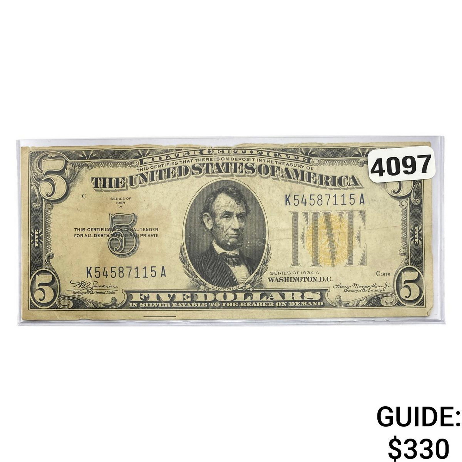 1934 $5 United States Silver Cert. Yellow Seal: 1934 $5 United States Silver Cert. Yellow Seal