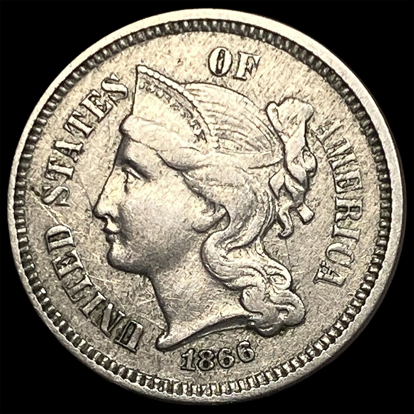 1866 Nickel Three-Cent Piece CLOSELY UNCIRCULATED: 1866 Nickel Three-Cent Piece CLOSELY UNCIRCULATED