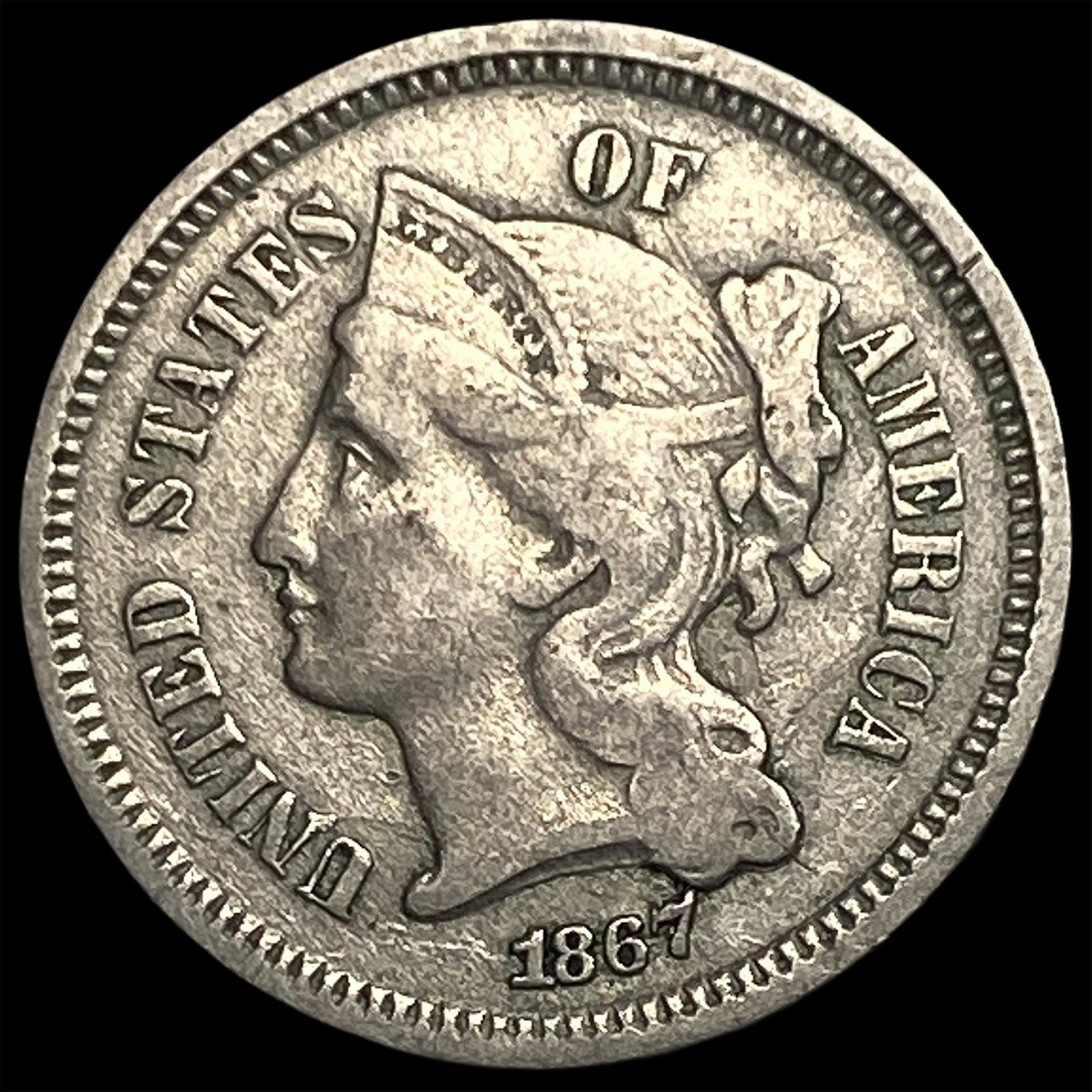 1867 Nickel Three-Cent Piece LIGHTLY CIRCULATED: 1867 Nickel Three-Cent Piece LIGHTLY CIRCULATED
