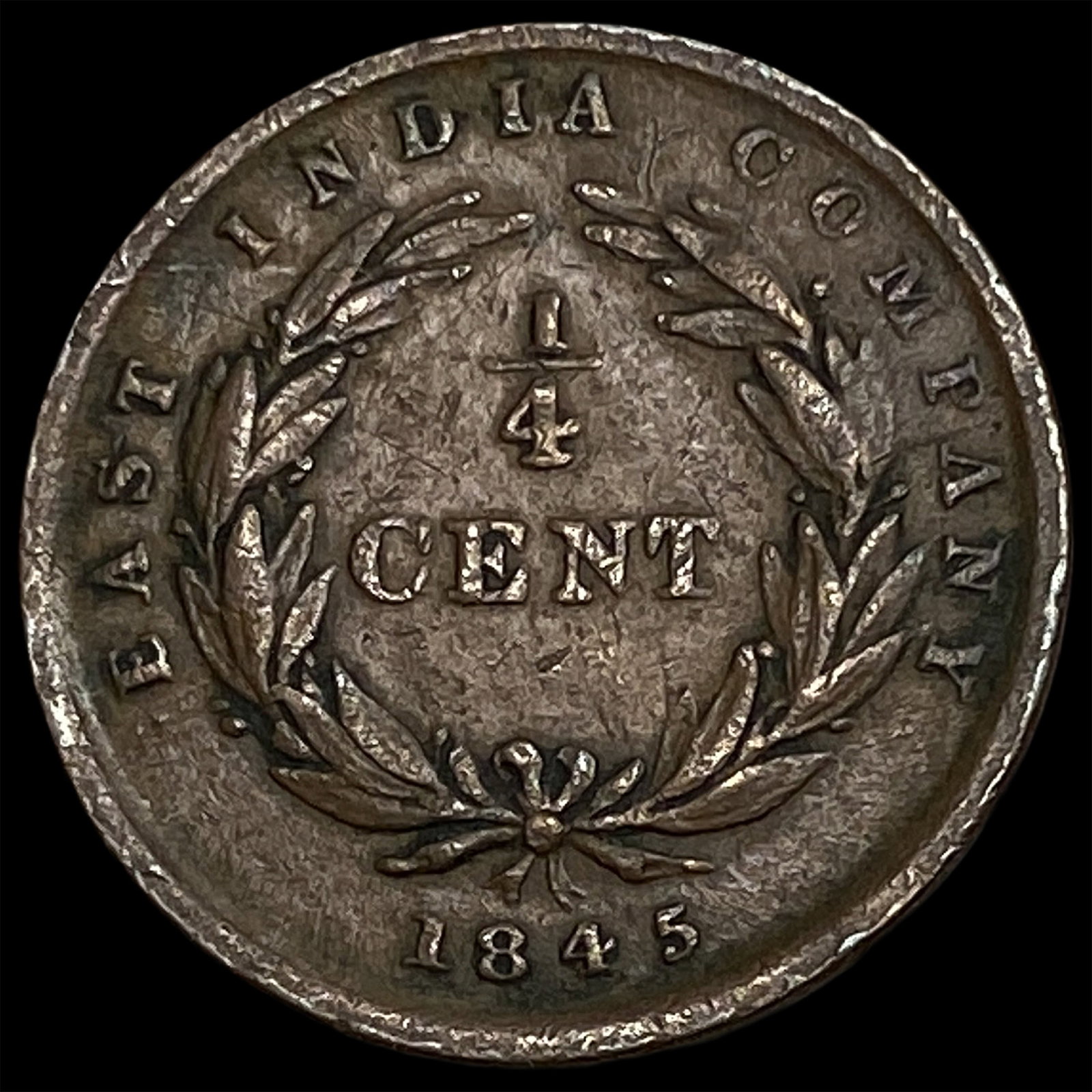 1845 Straits Settlements E.I.C Bronze 1/4 Cent - 2