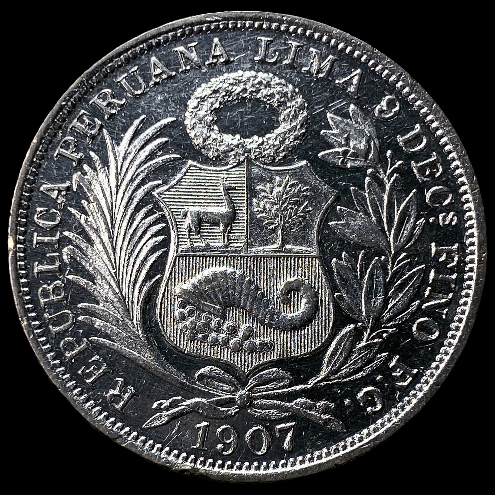 1907 Peru Silver 1/2 Sol - 2