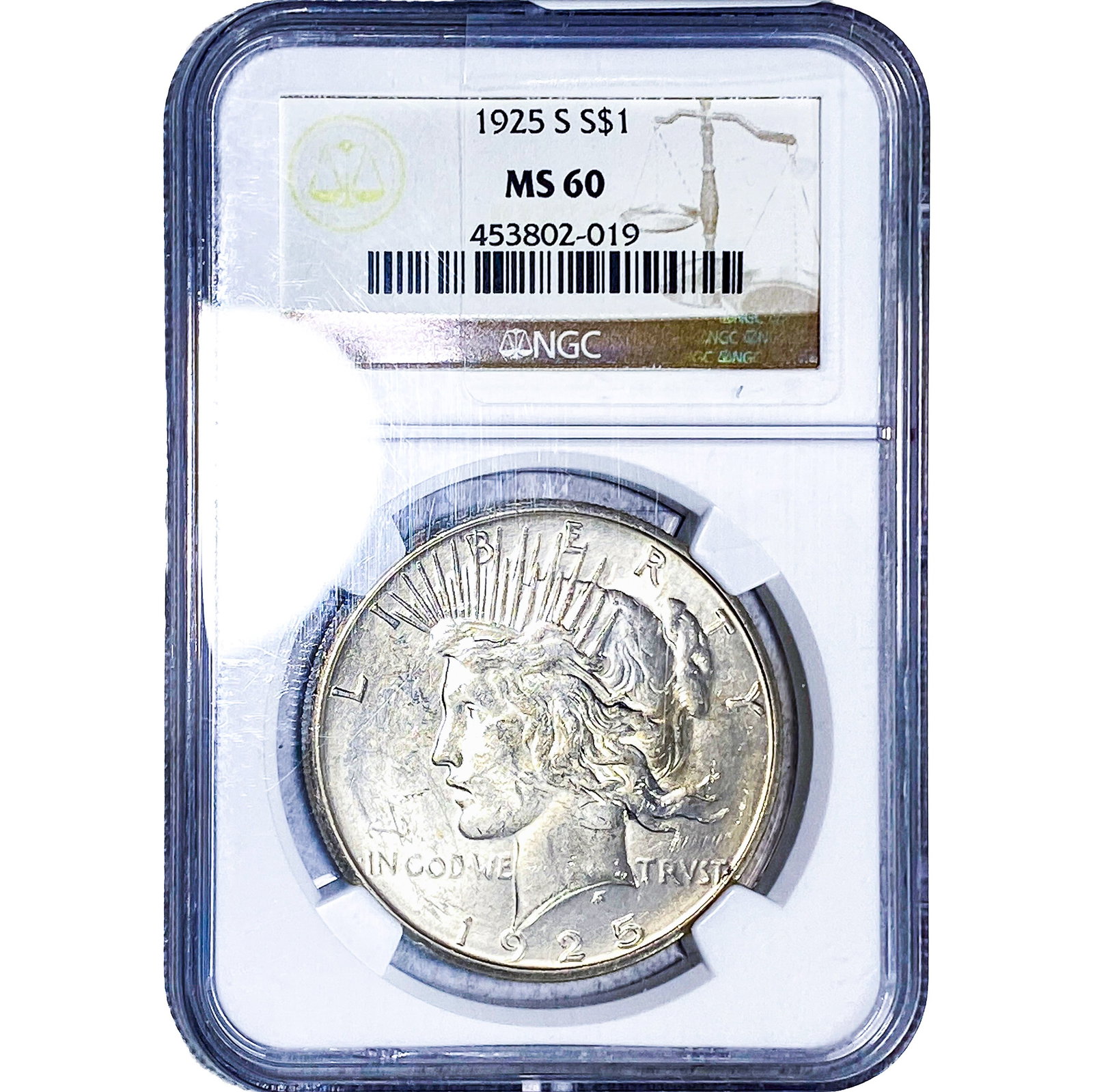 1925-S Silver Peace Dollar NGC MS60: 1925-S Silver Peace Dollar NGC MS60