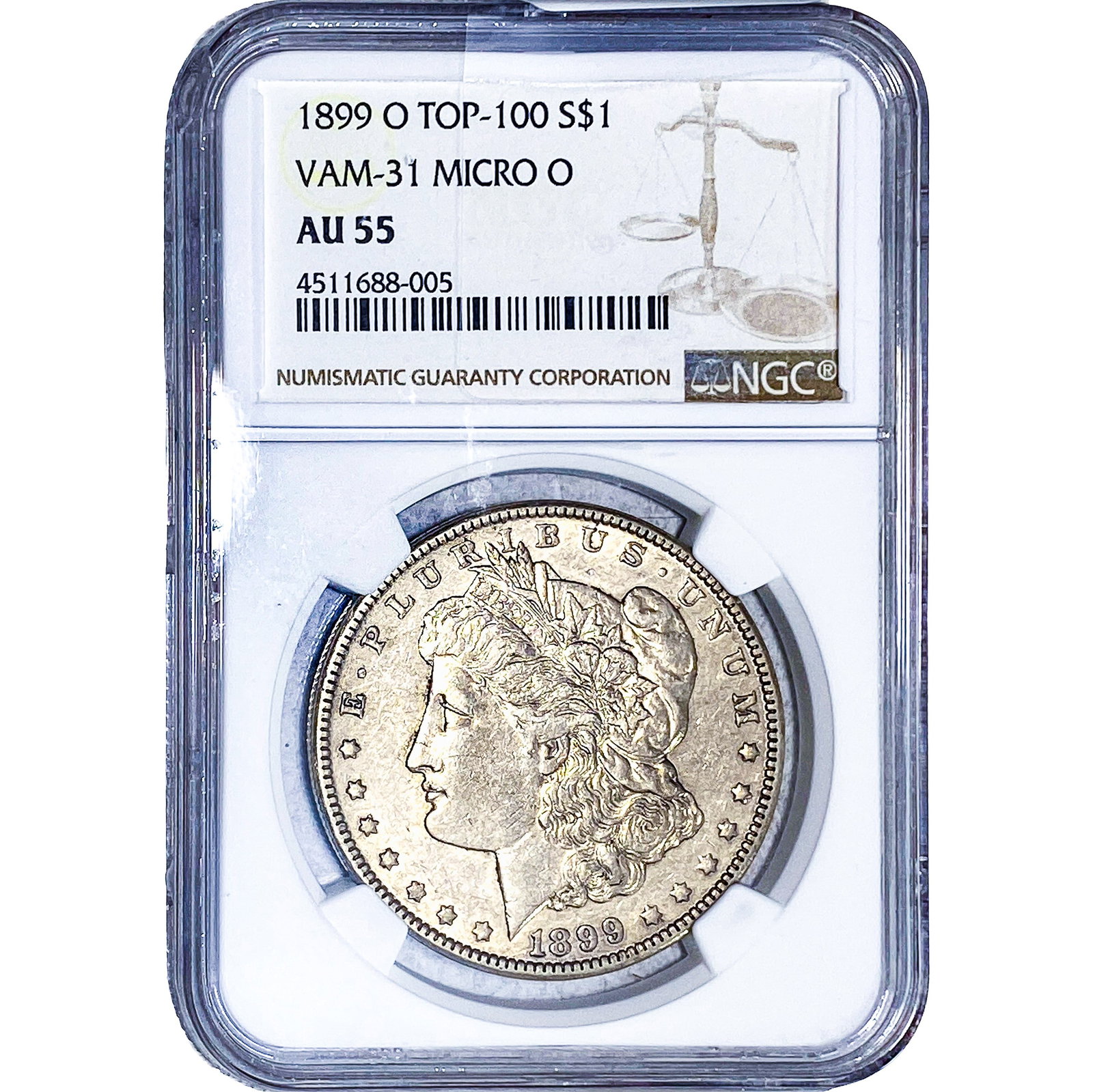 1899-O Morgan Silver Dollar NGC AU55: 1899-O Morgan Silver Dollar NGC AU55