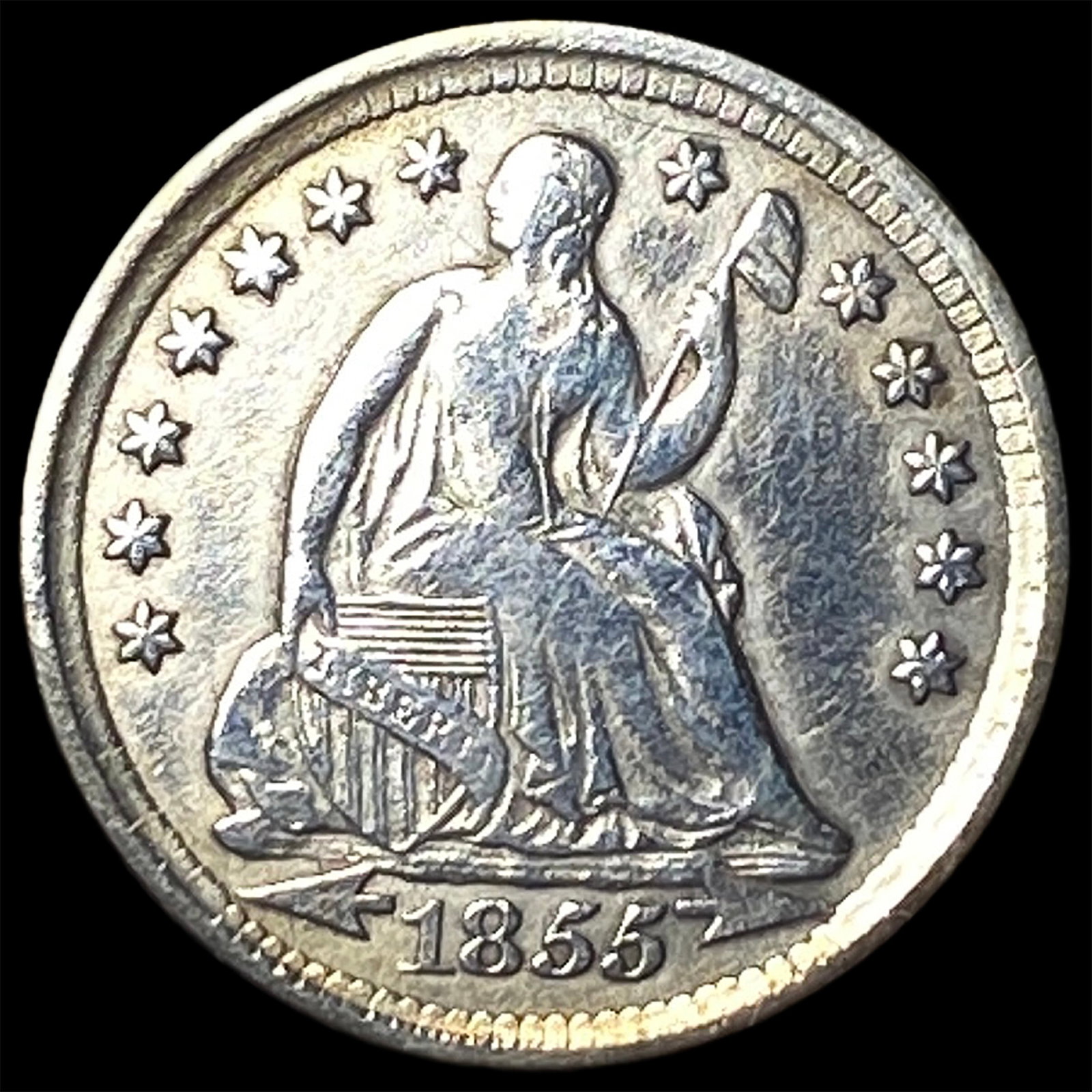 1855 Arrows Seated Liberty Half Dime NEARLY UNCIRCULATED: 1855 Arrows Seated Liberty Half Dime NEARLY UNCIRCULATED