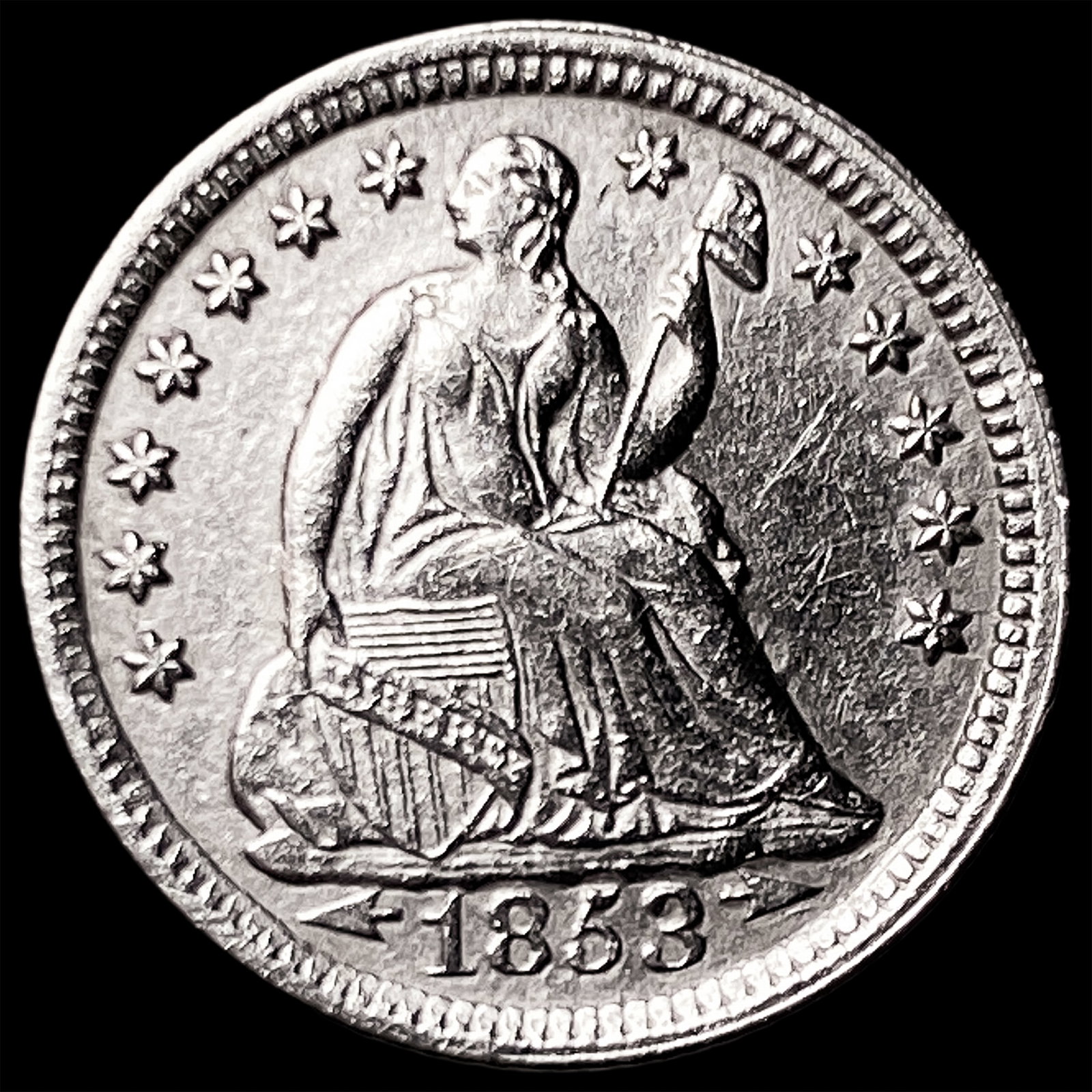 1853 Silver Seated Liberty Half Dime CLOSELY UNCIRCULATED: 1853 Silver Seated Liberty Half Dime CLOSELY UNCIRCULATED