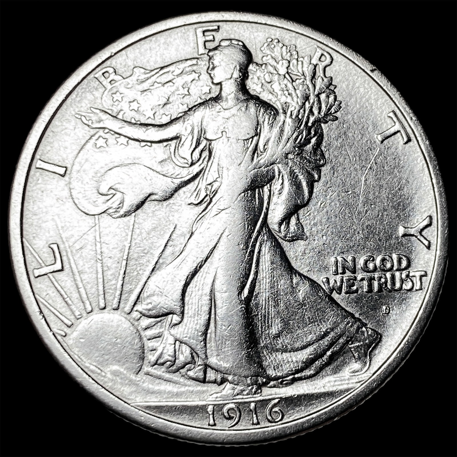 1916-D Silver Walking Liberty Half Dollar CLOSELY UNCIRCULATED: 1916-D Silver Walking Liberty Half Dollar CLOSELY UNCIRCULATED