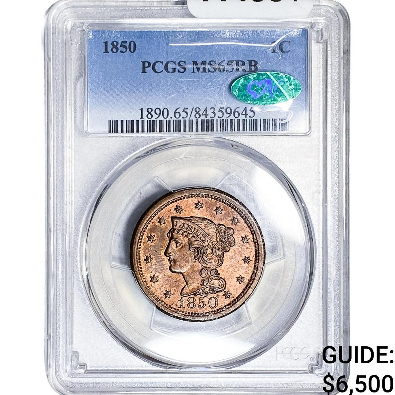 1850 CAC Braided Hair Large Cent PCGS MS65 RB: 1850 CAC Braided Hair Large Cent PCGS MS65 RB