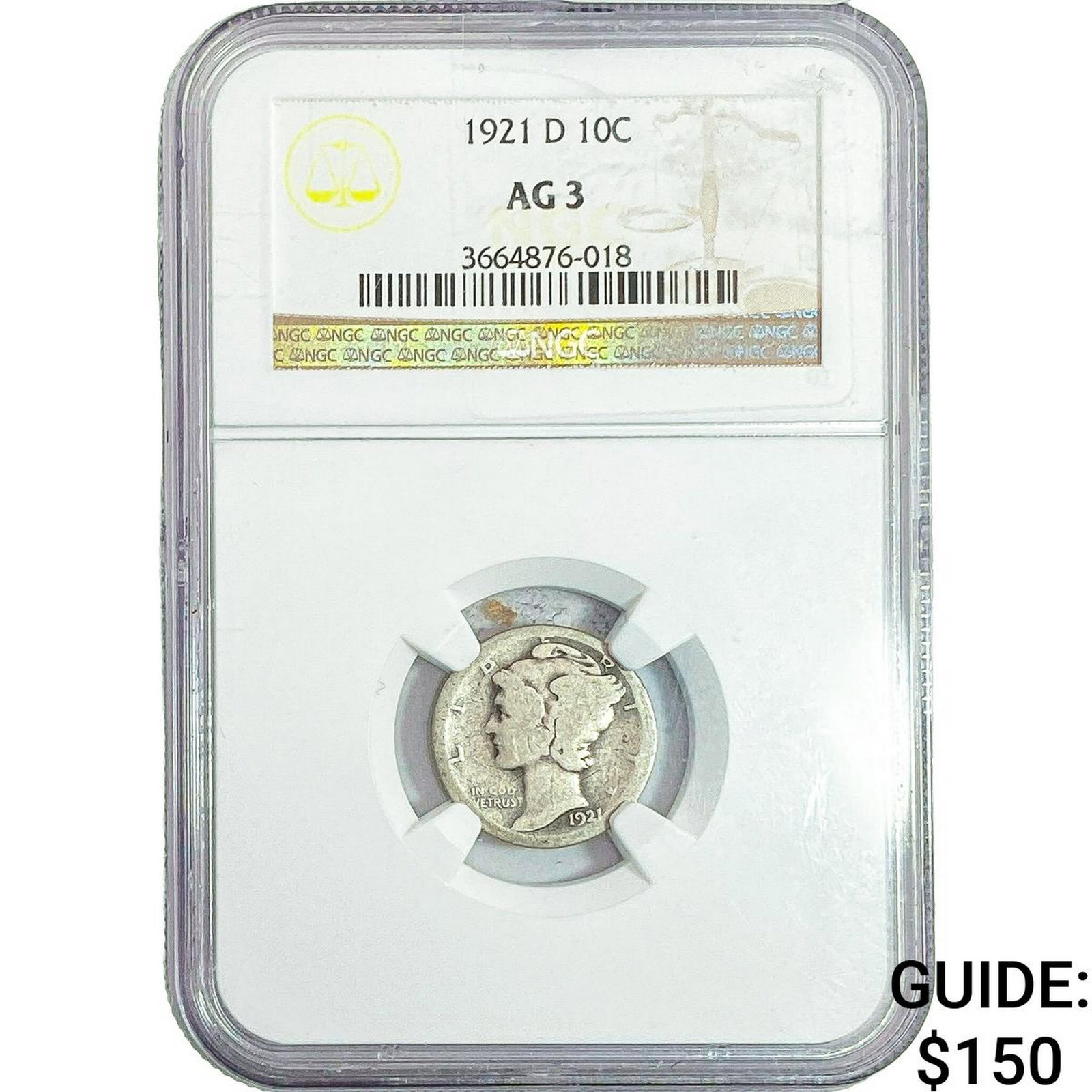 1921-D Mercury Silver Dime NGC AG3: 1921-D Mercury Silver Dime NGC AG3