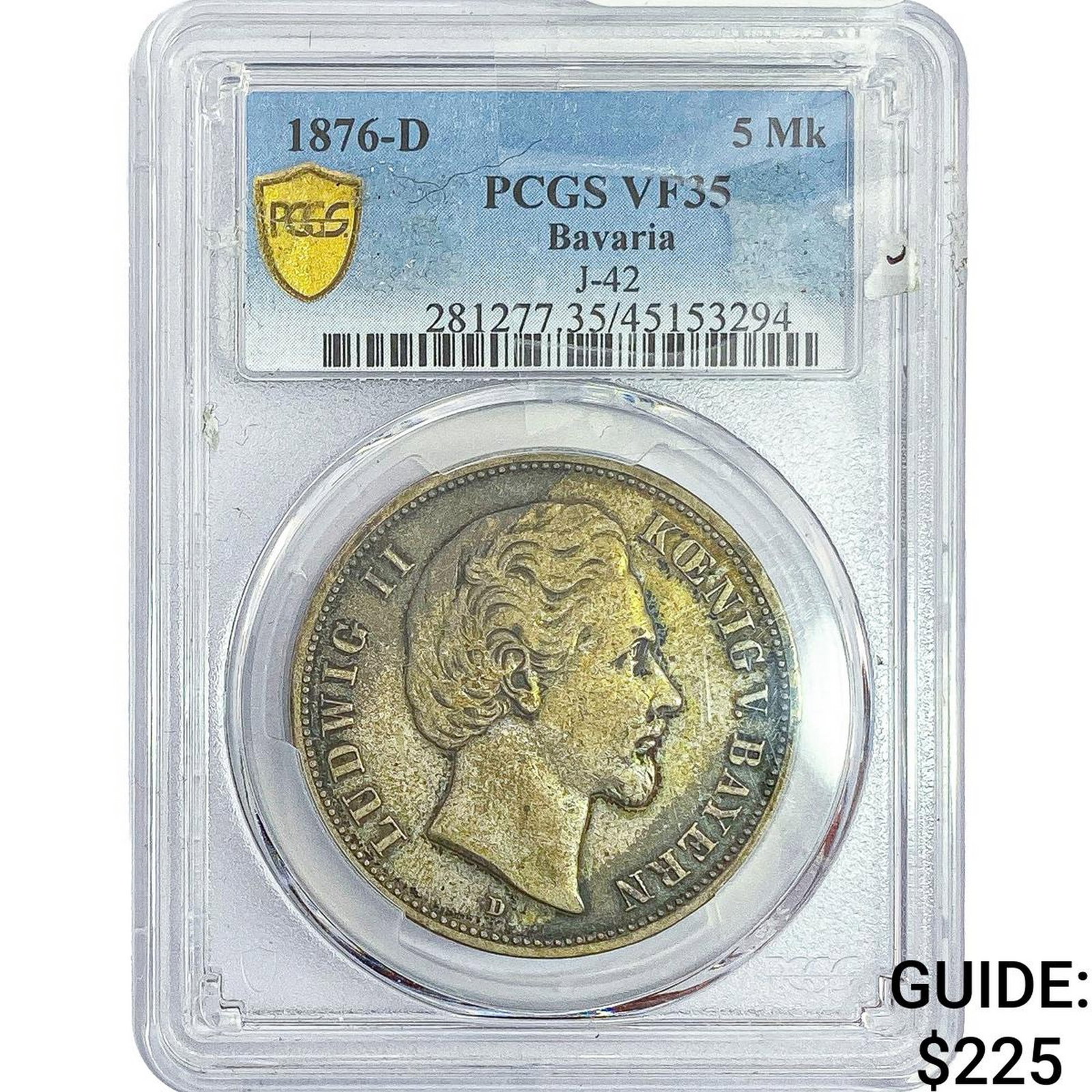 1876-D 5Mk Bavaria PCGS VF35: 1876-D 5Mk Bavaria PCGS VF35