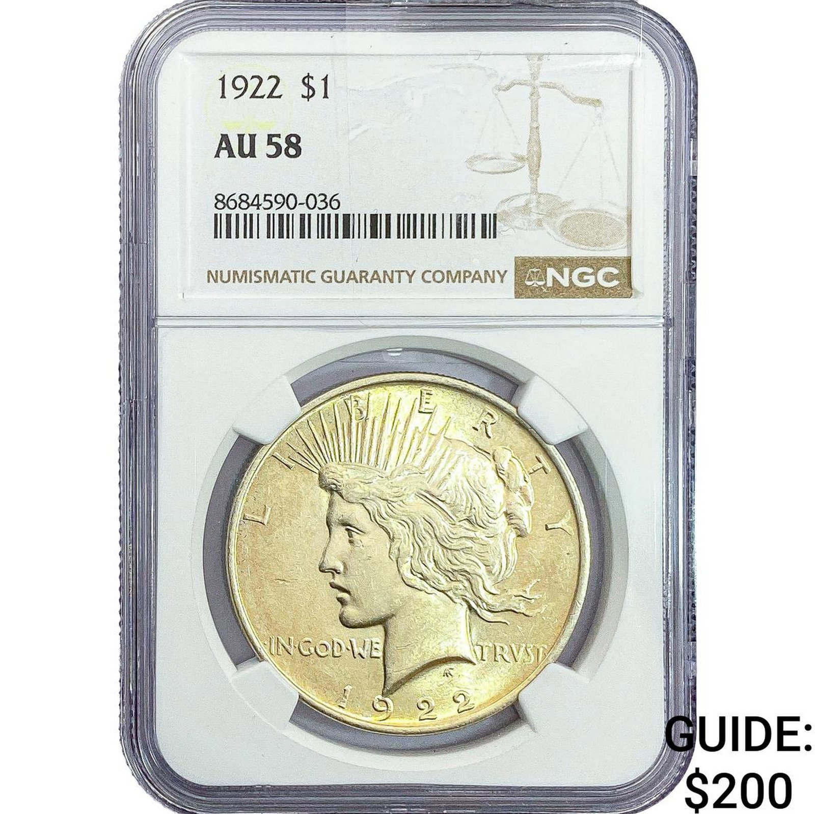 1922 Silver Peace Dollar NGC AU58: 1922 Silver Peace Dollar NGC AU58