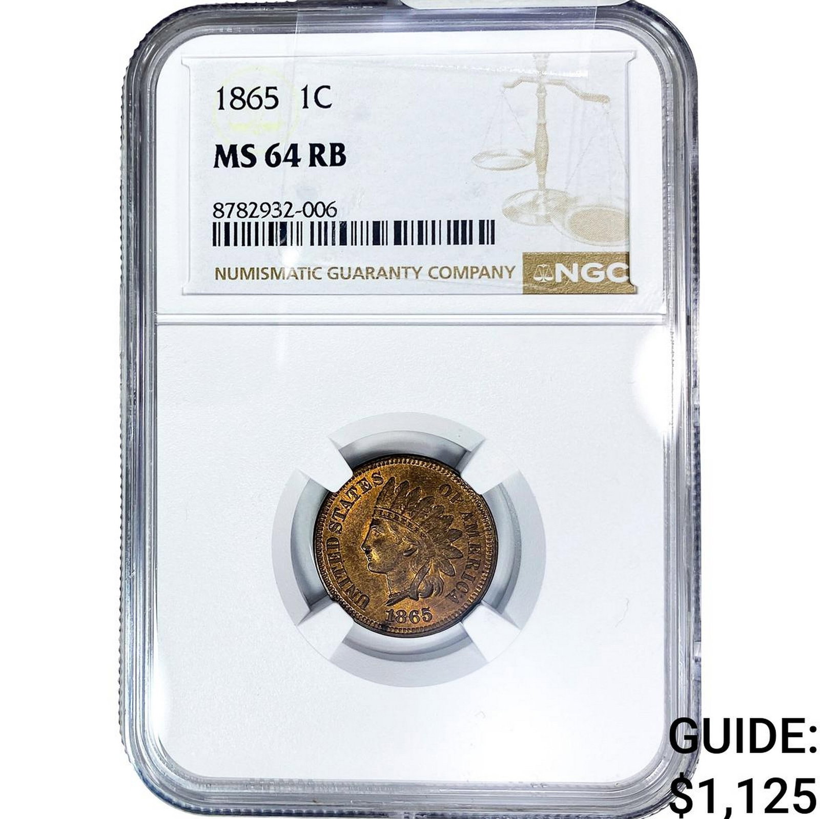 1865 Indian Head Cent NGC MS64 RB: 1865 Indian Head Cent NGC MS64 RB