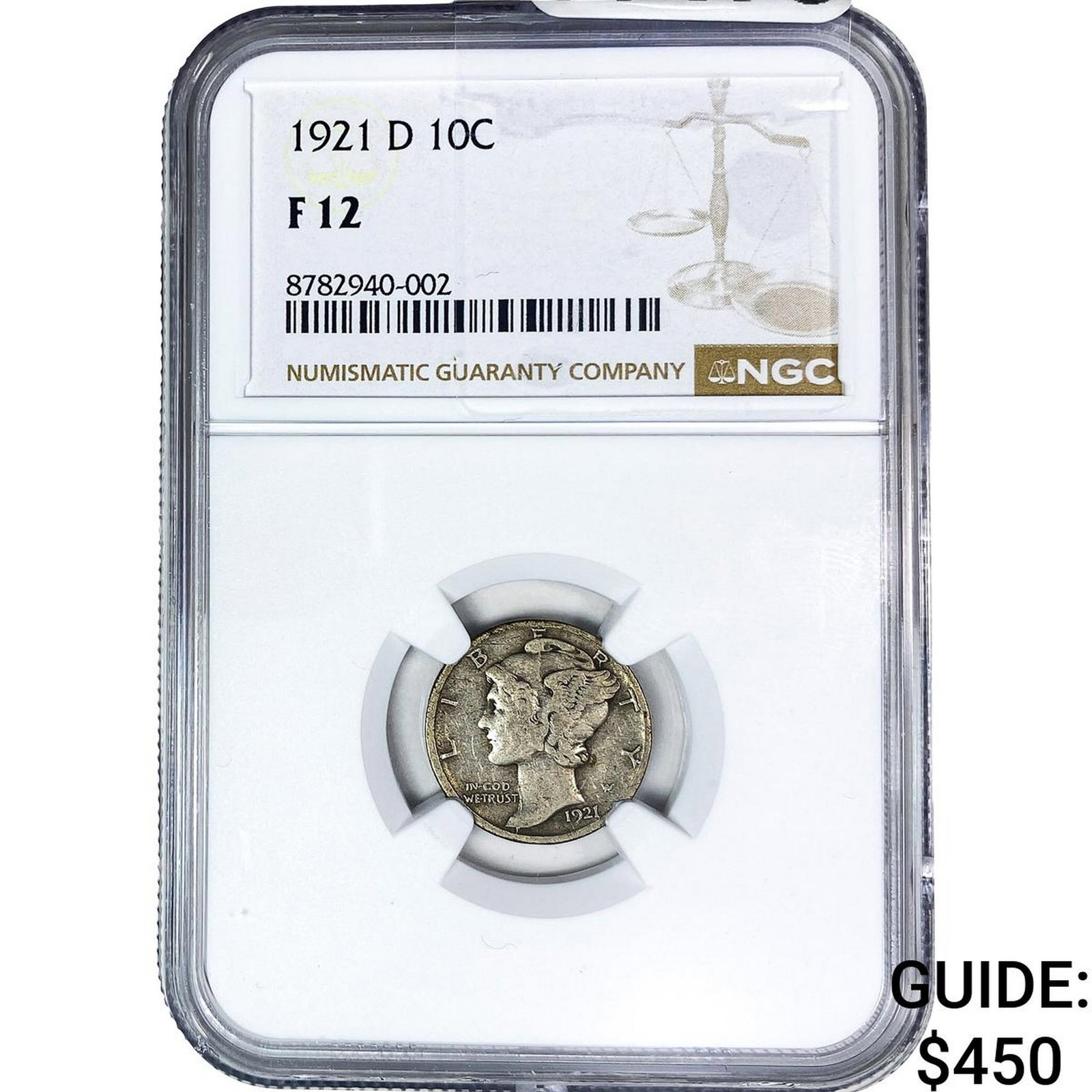 1921-D Mercury Silver Dime NGC F12: 1921-D Mercury Silver Dime NGC F12
