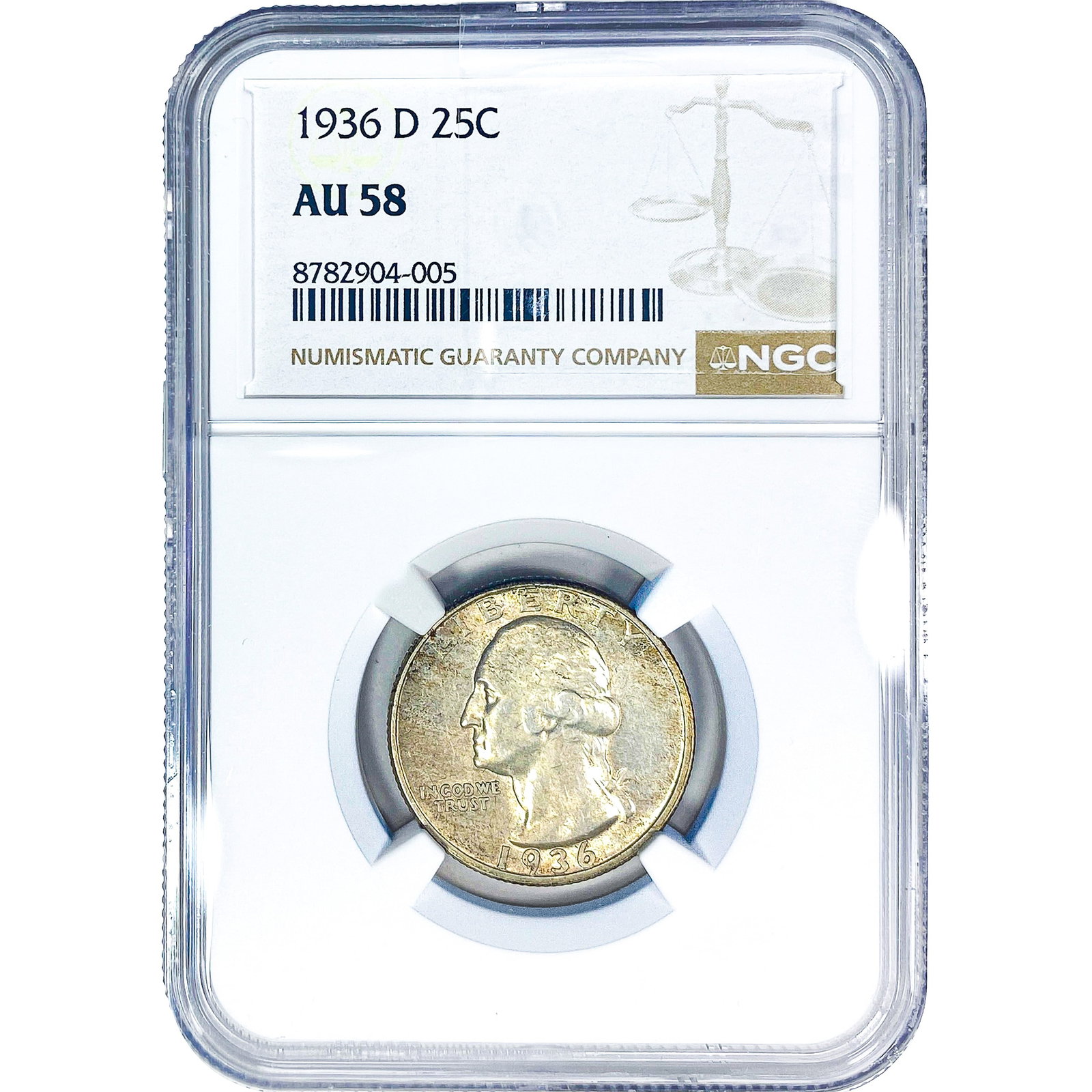 1936-D Washington Silver Quarter NGC AU58: 1936-D Washington Silver Quarter NGC AU58