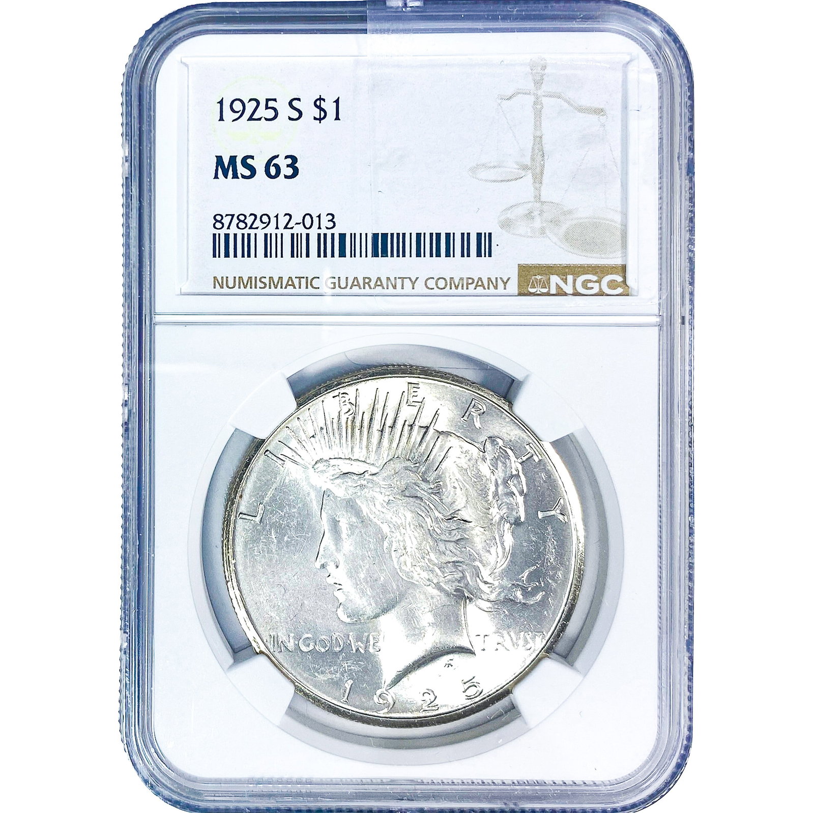 1925-S Silver Peace Dollar NGC MS63: 1925-S Silver Peace Dollar NGC MS63