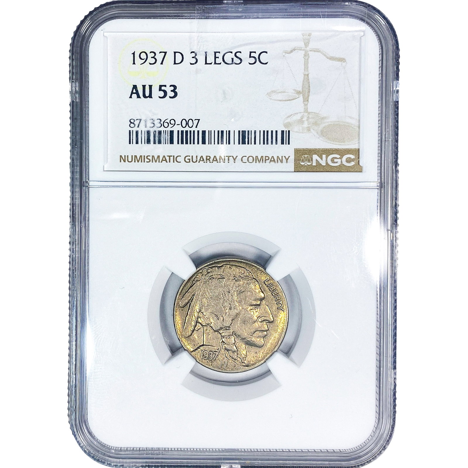 1937-D Buffalo Nickel NGC AU53 3 Legs: 1937-D Buffalo Nickel NGC AU53 3 Legs