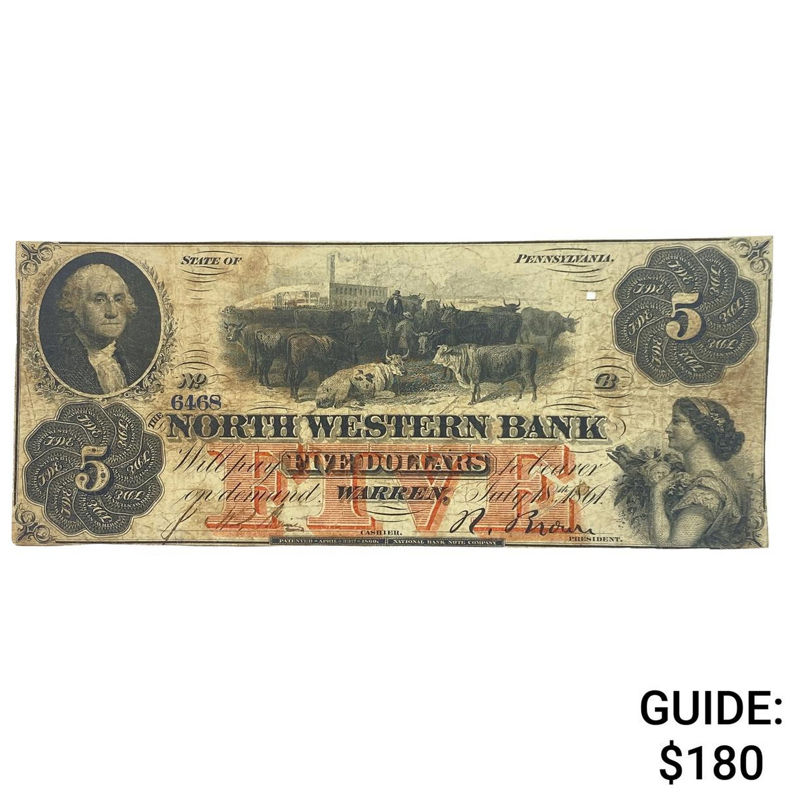 1861 $5 Northwestern Bank of Pennsylvania Banknote (1 of 2)