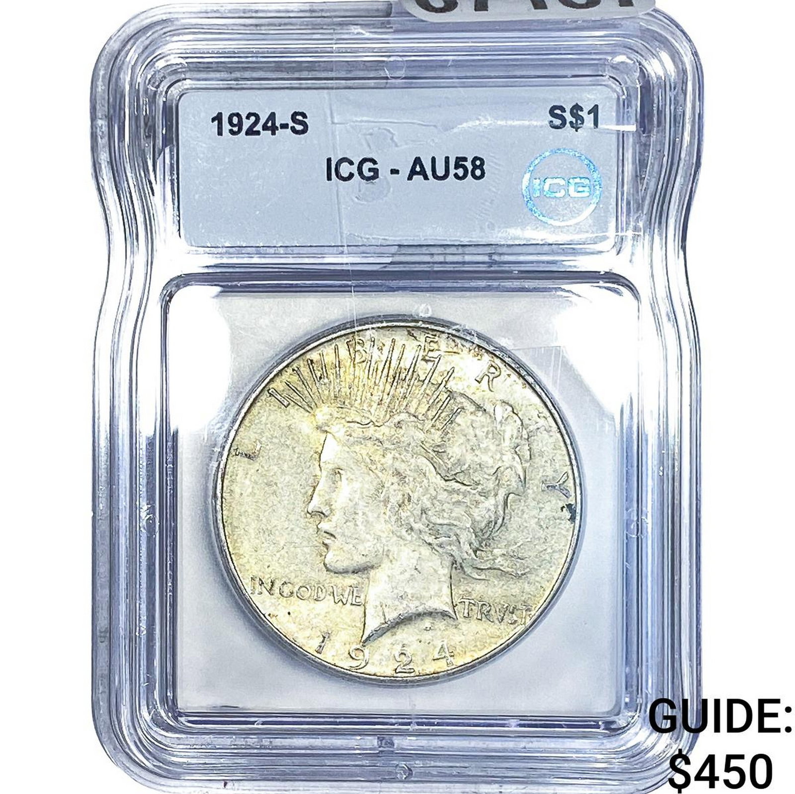 1924-S Silver Peace Dollar ICG AU58: 1924-S Silver Peace Dollar ICG AU58