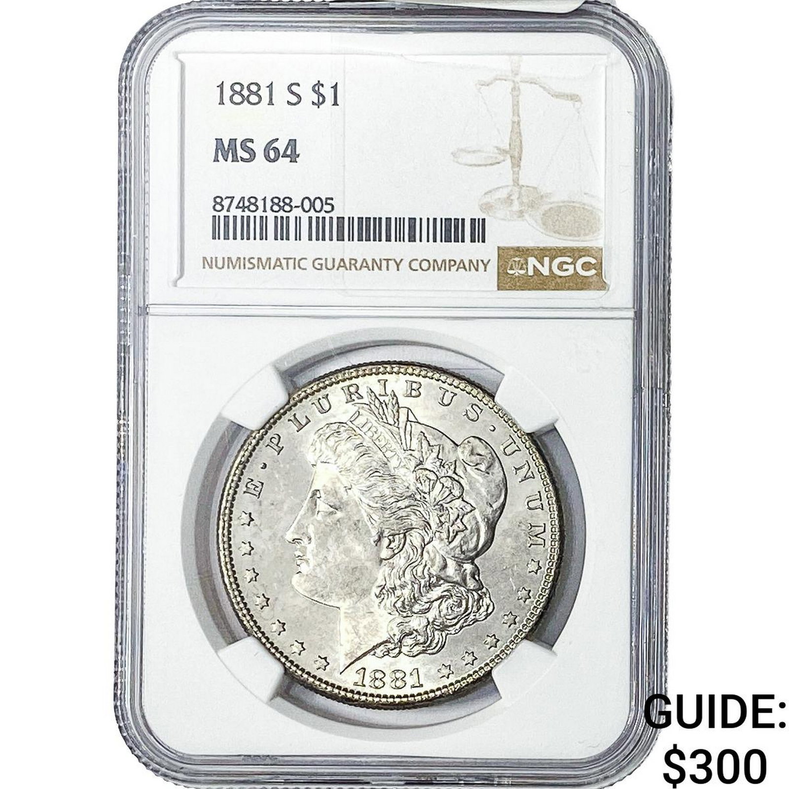1881-S Morgan Silver Dollar NGC MS64: 1881-S Morgan Silver Dollar NGC MS64