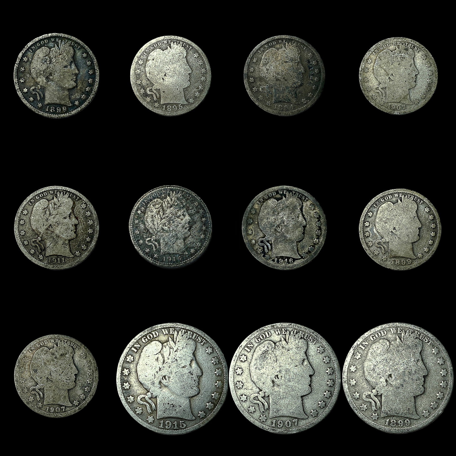 [12 Coins] Mixed Dates 9 Barber 25C & 3 Barber 50C (1 of 2)