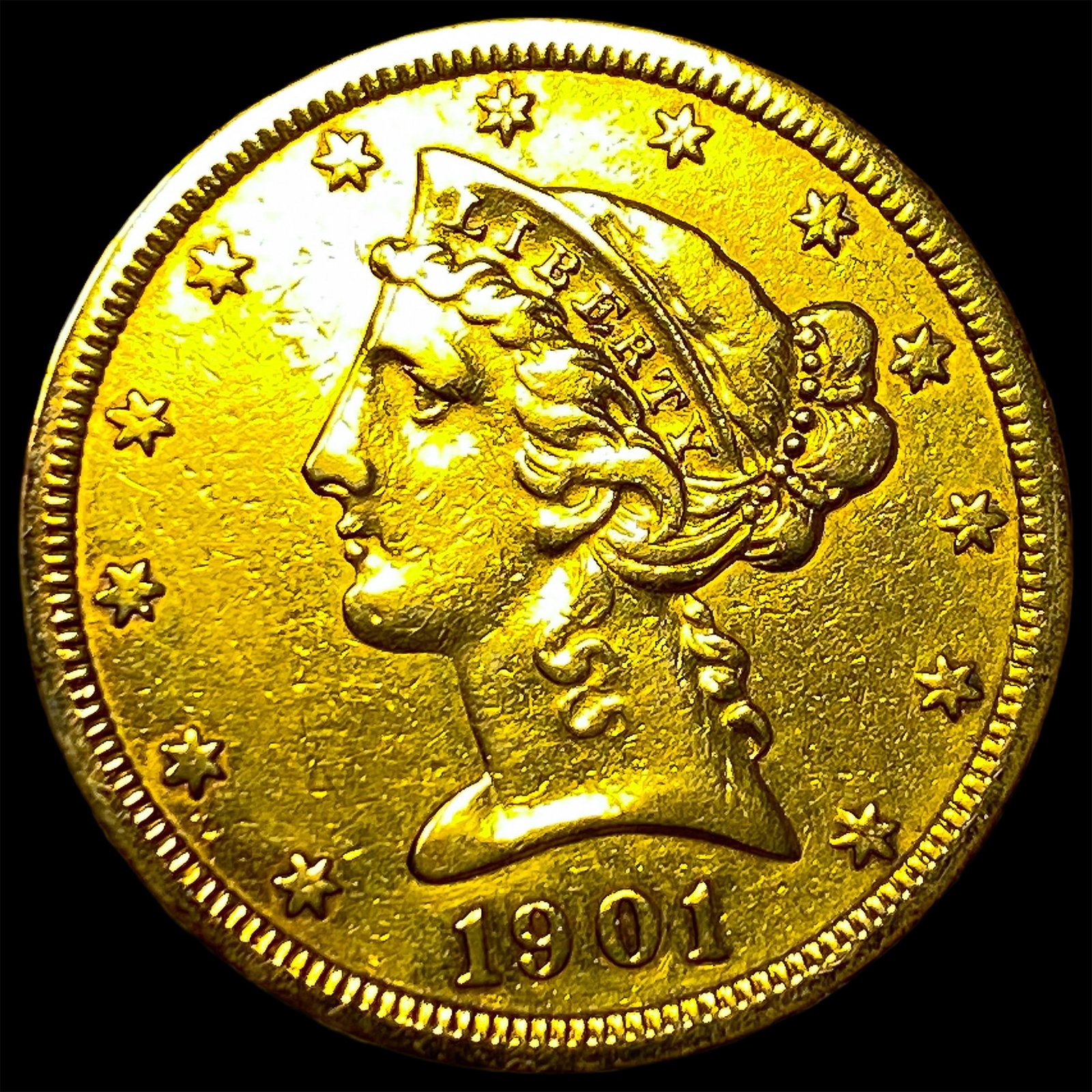 1901-S Gold $5 Liberty Head Half Eagle CHOICE AU: 1901-S Gold $5 Liberty Head Half Eagle CHOICE AU