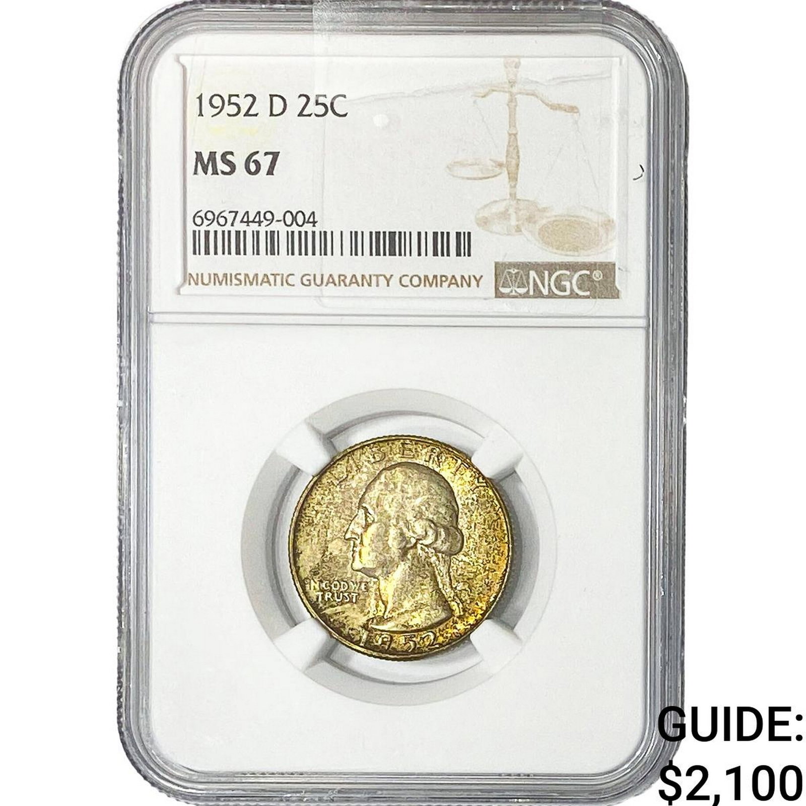 1952-D Washington Silver Quarter NGC MS67: 1952-D Washington Silver Quarter NGC MS67