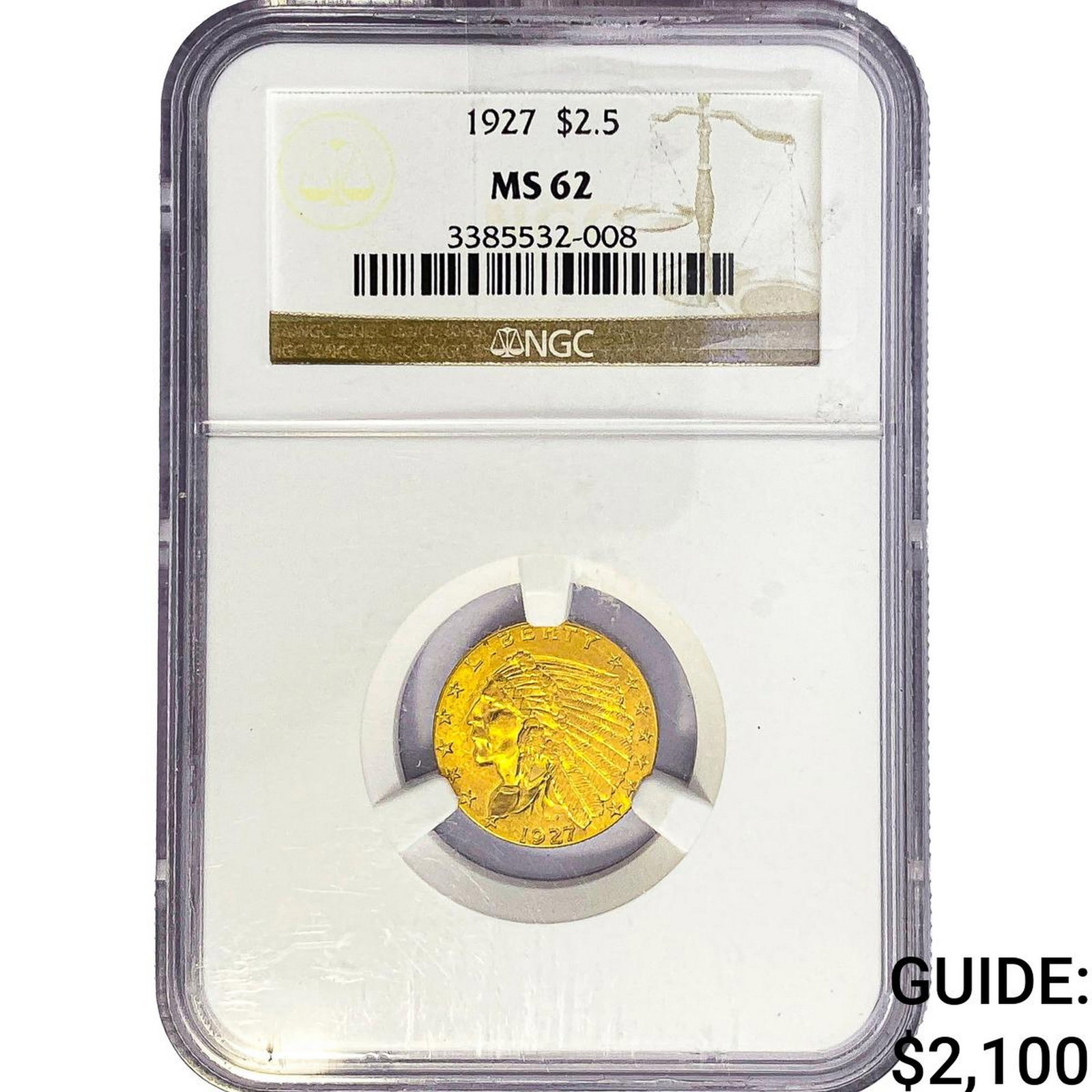 1927 $2.50 Gold Quarter Eagle NGC MS62: 1927 $2.50 Gold Quarter Eagle NGC MS62