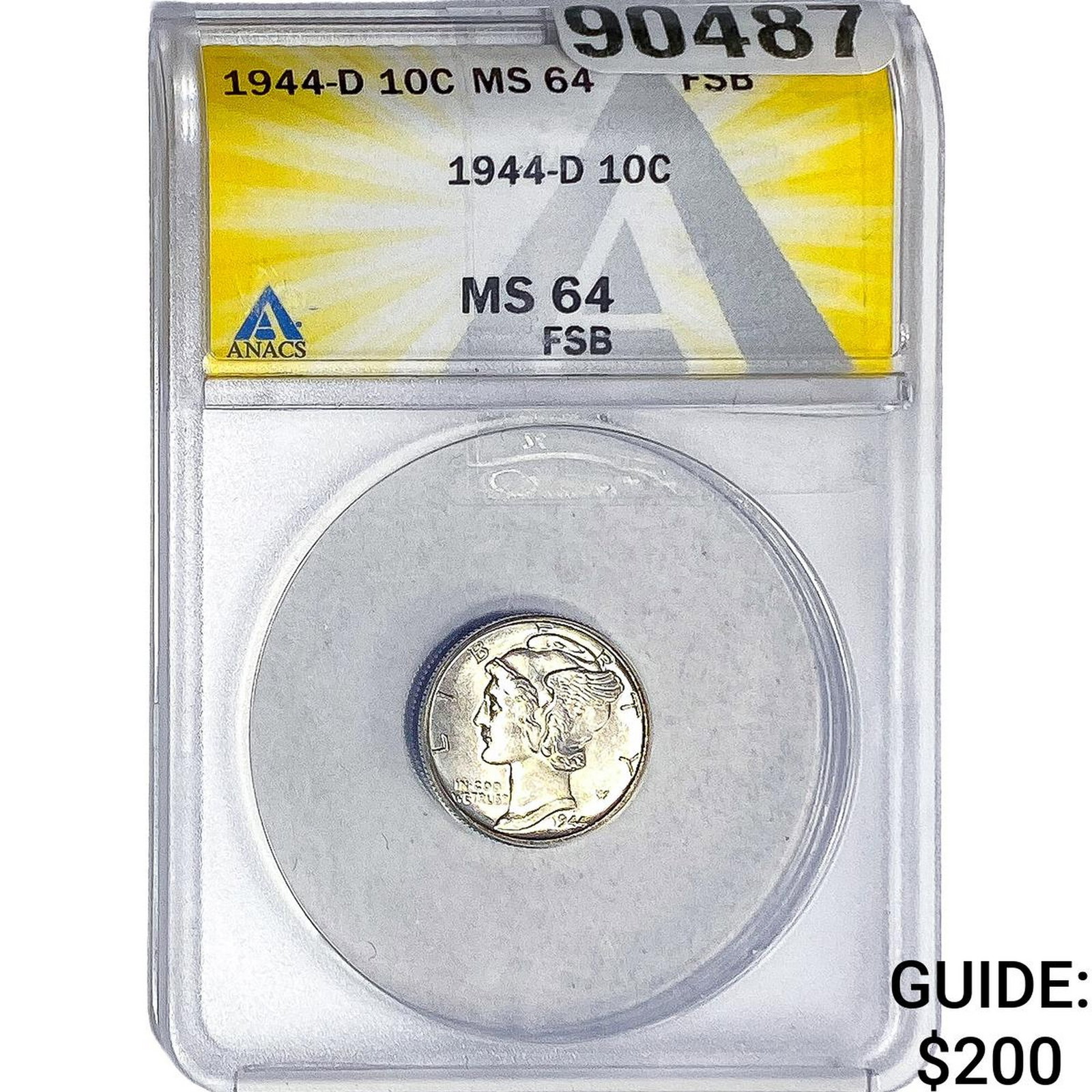 1944-D Mercury Silver Dime ANACS MS64 FSB: 1944-D Mercury Silver Dime ANACS MS64 FSB
