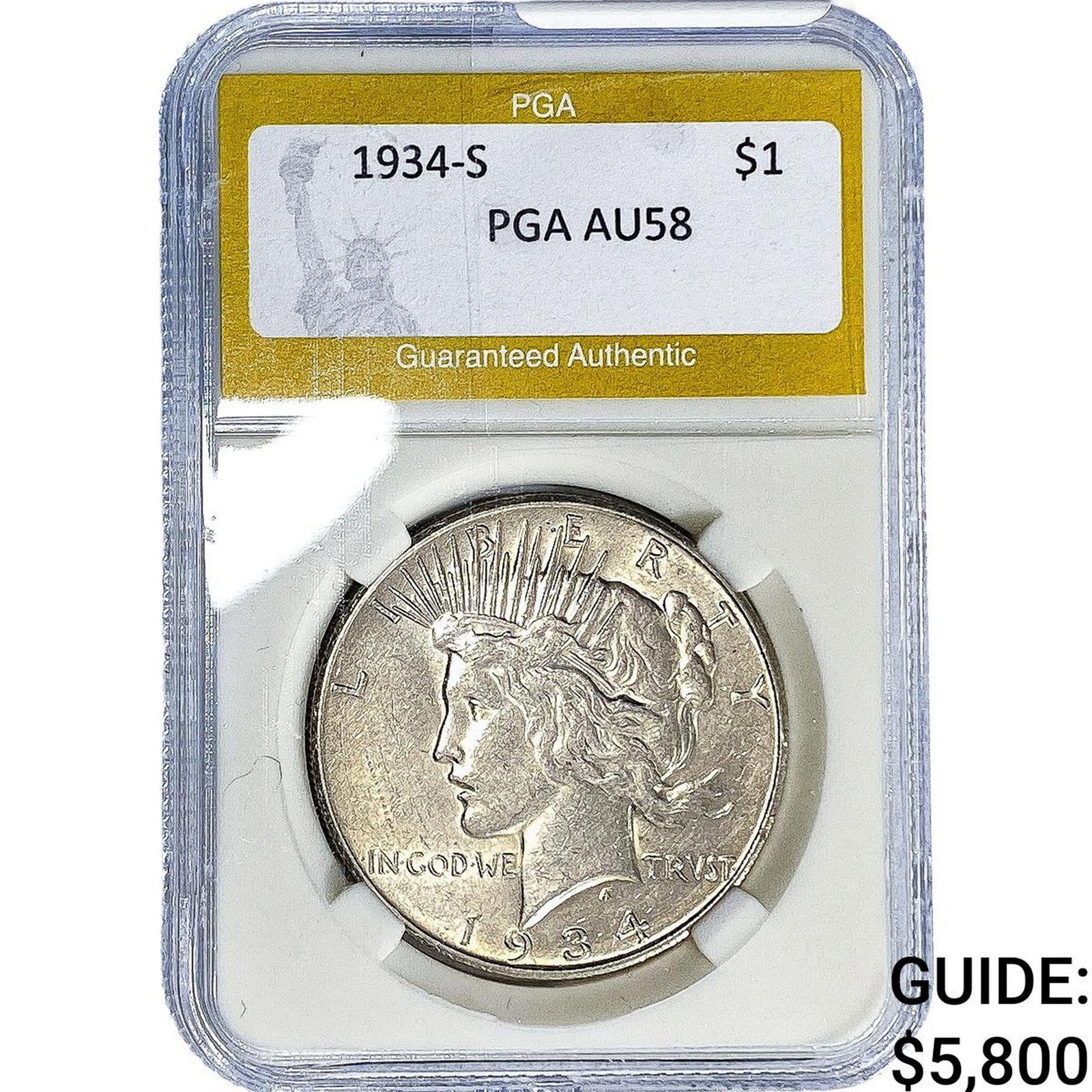 1934-S Silver Peace Dollar PGA AU58: 1934-S Silver Peace Dollar PGA AU58