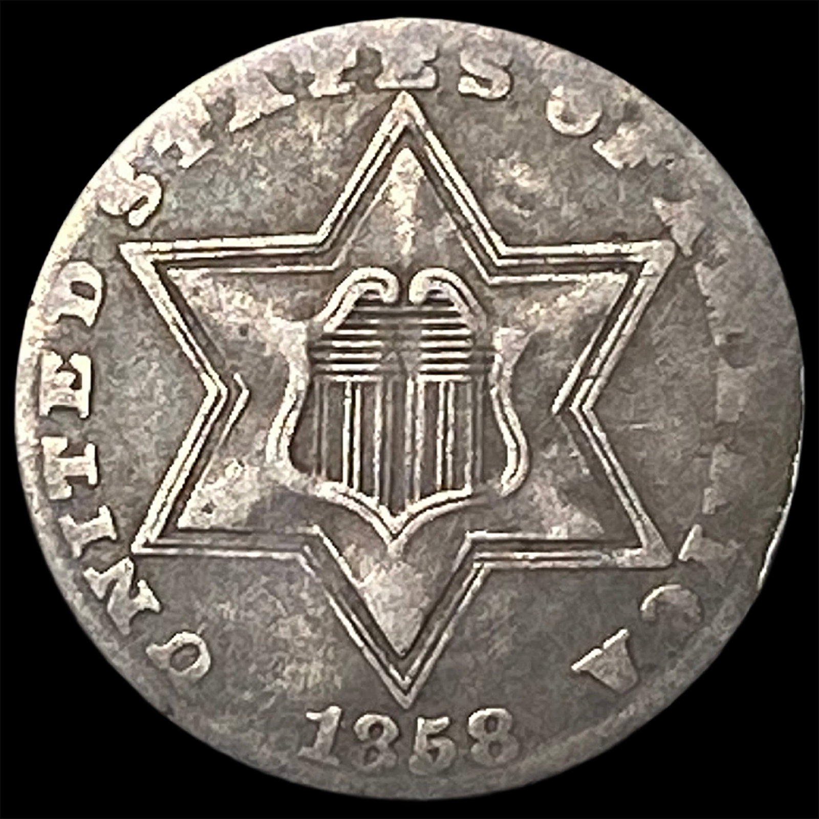 1858 Silver Three-Cent Piece NEARLY UNCIRCULATED: 1858 Silver Three-Cent Piece NEARLY UNCIRCULATED