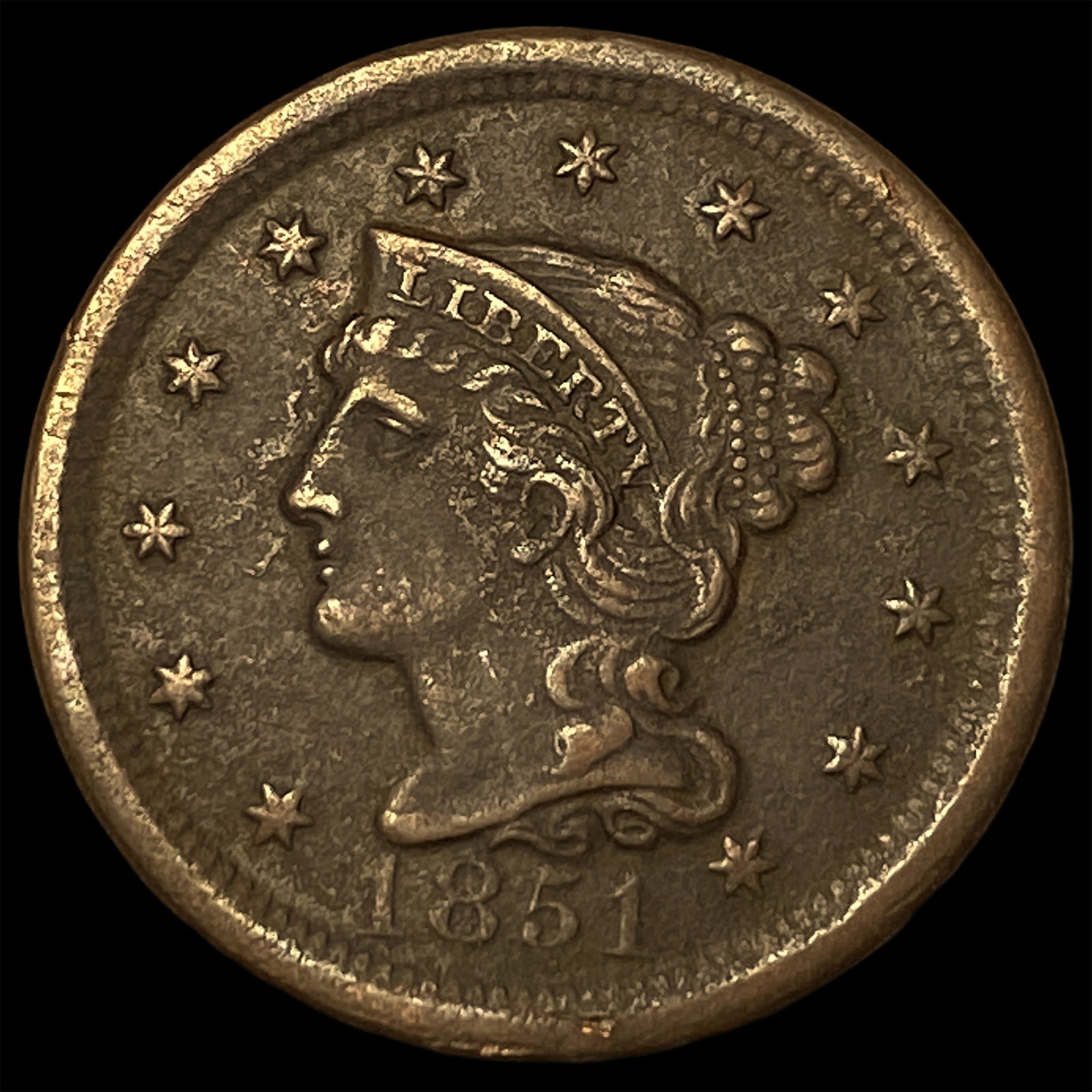 1851 Braided Hair Large Cent NEARLY UNCIRCULATED (1 of 2)
