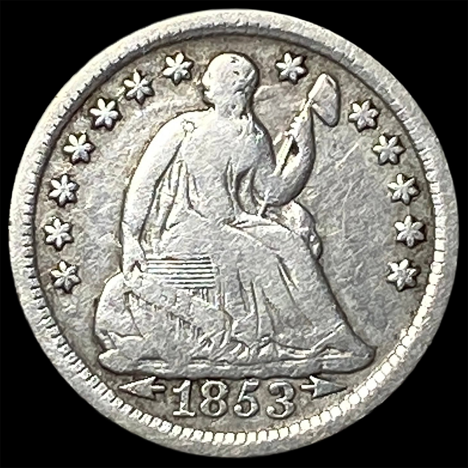 1853 Arrows Seated Liberty Half Dime NICELY CIRCULATED: 1853 Arrows Seated Liberty Half Dime NICELY CIRCULATED