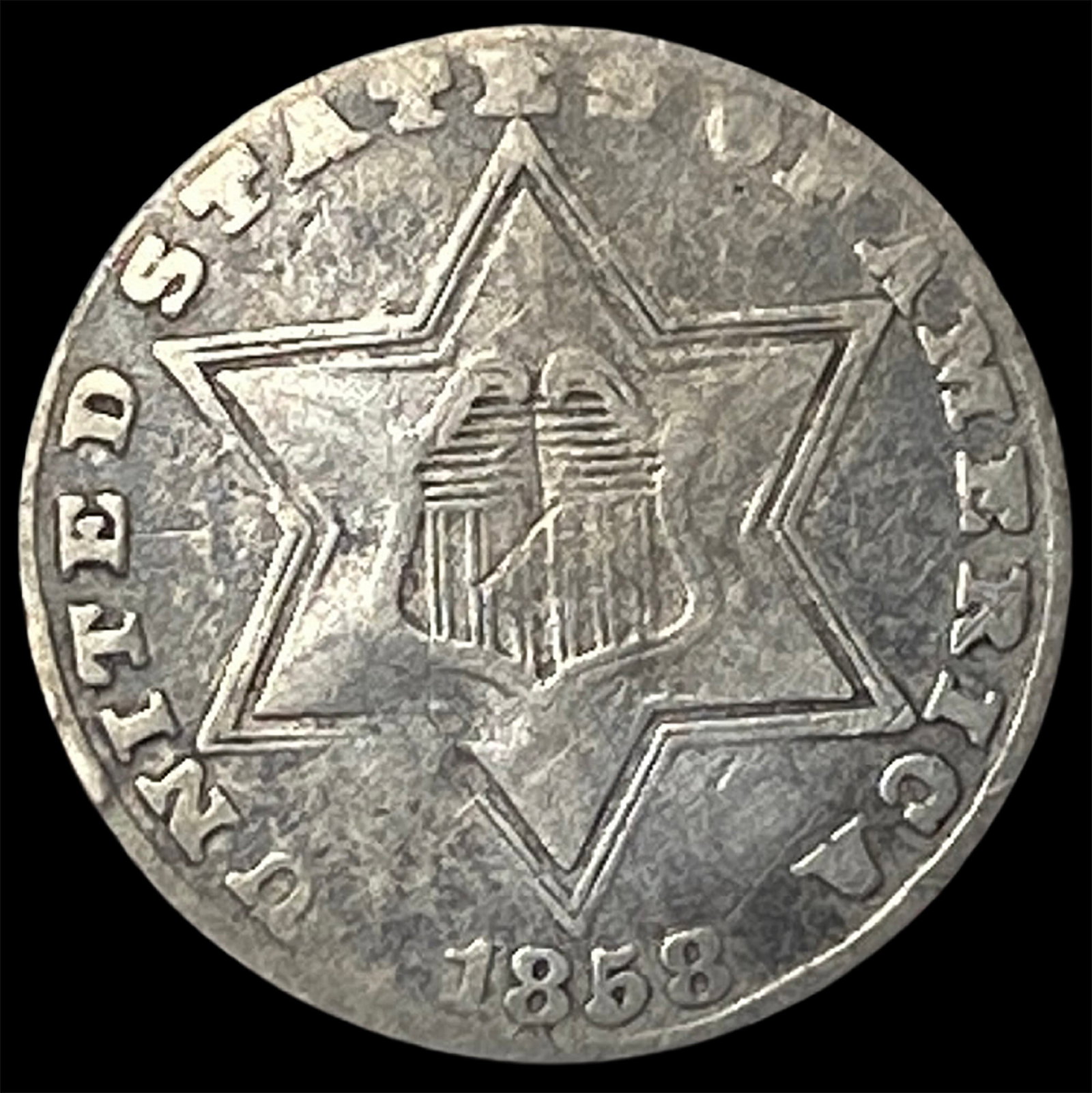 1858 Silver Three-Cent Piece NEARLY UNCIRCULATED: 1858 Silver Three-Cent Piece NEARLY UNCIRCULATED