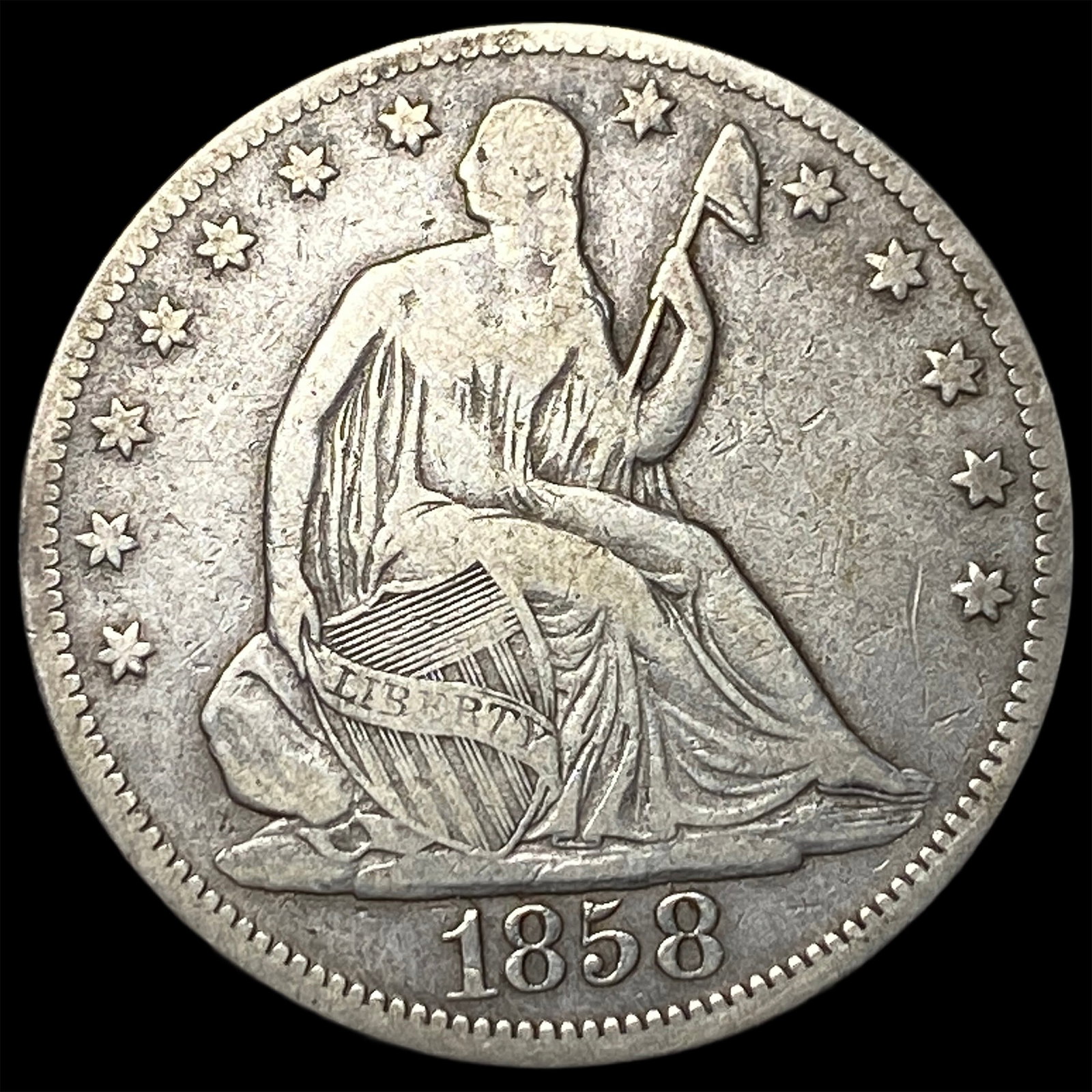1858 Silver Half Dollar (Seated Liberty) LIGHTLY CIRCULATED: 1858 Silver Half Dollar (Seated Liberty) LIGHTLY CIRCULATED