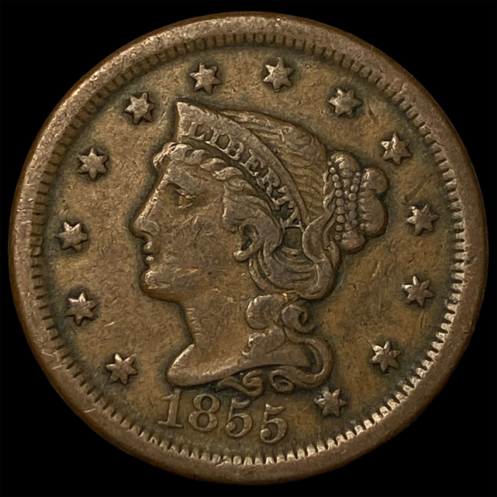 1855 Braided Hair Large Cent ABOUT UNCIRCULATED: 1855 Braided Hair Large Cent ABOUT UNCIRCULATED