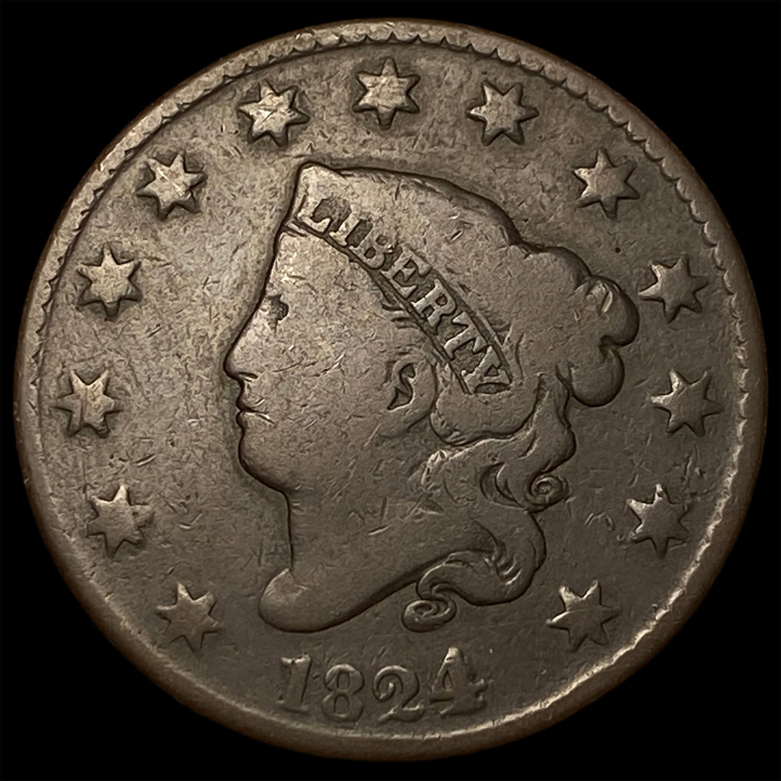 1824 Coronet Head Large Cent NICELY CIRCULATED: 1824 Coronet Head Large Cent NICELY CIRCULATED